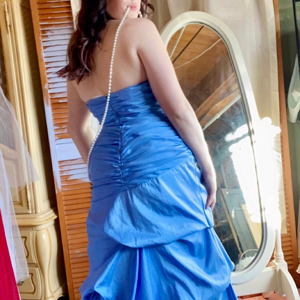 Blue Taffeta Strapless Dress with Pick-ups and Ruching.