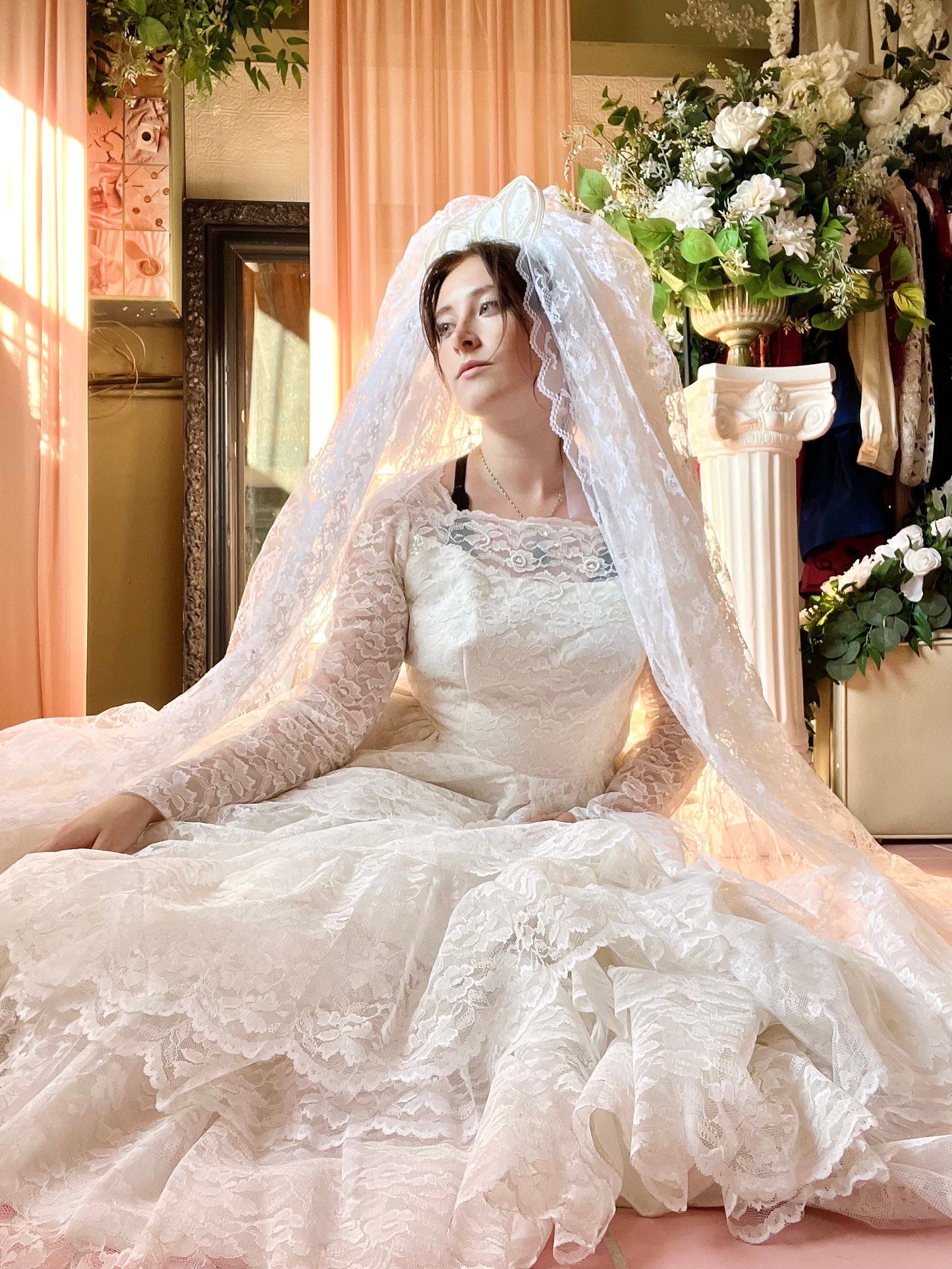 1950's All-Lace Empire Waisted Dress With Matching Crown & Veil