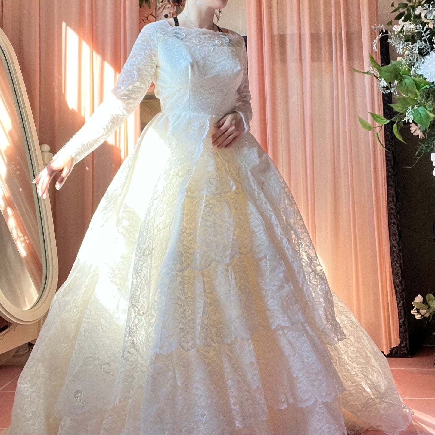 All Lace Long Sleeved Ballgown With Tiered Skirt