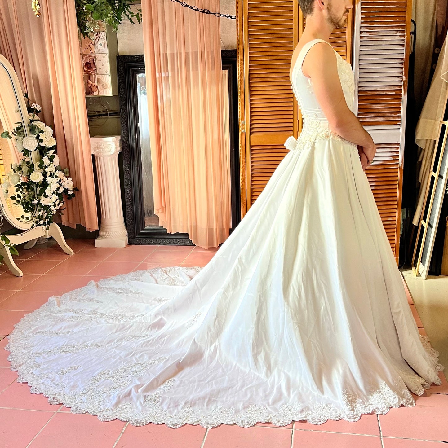 Sleeveless White Satin Ballgown with Floral Lace and Pearl Detail