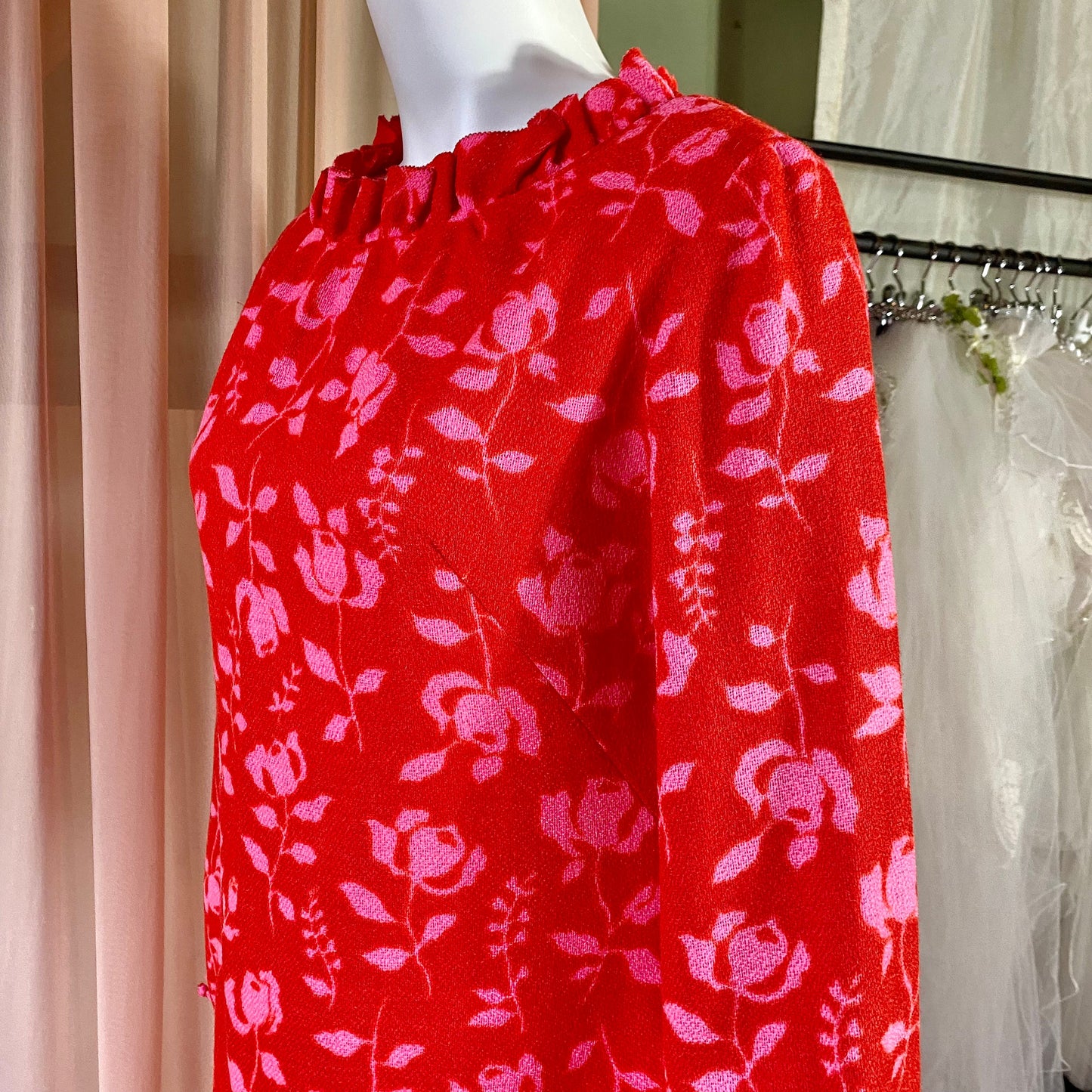 Gay Gibson Wool Red Dress with Pink roses