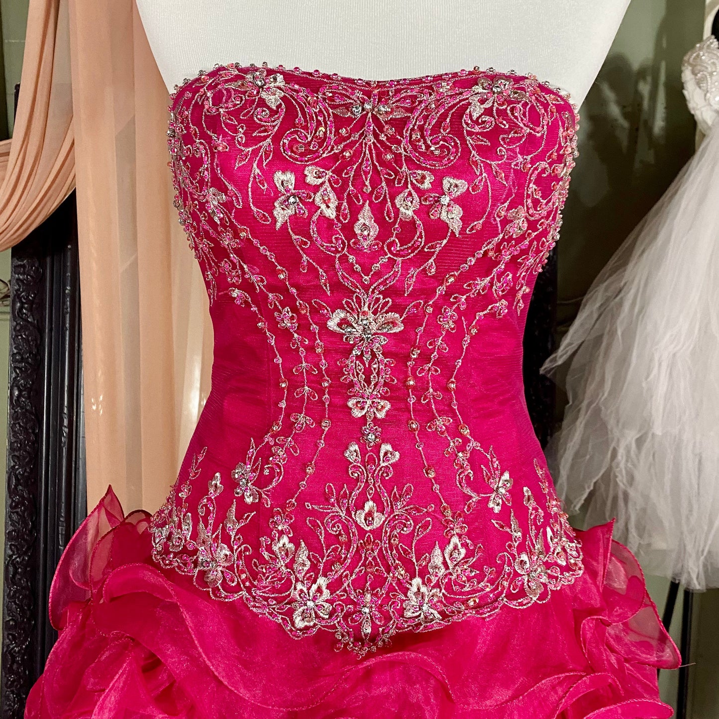 Fuchsia Strapless Ballgown With Ruffled Organza Skirt