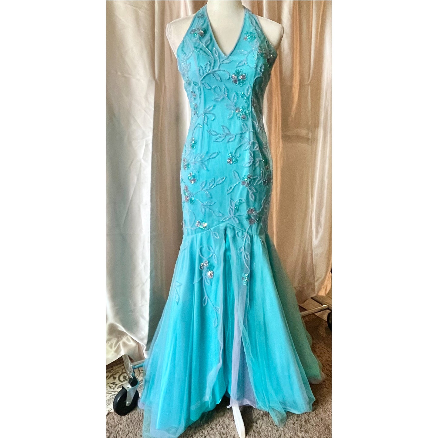Turquoise Mermaid Halter Top Prom Dress