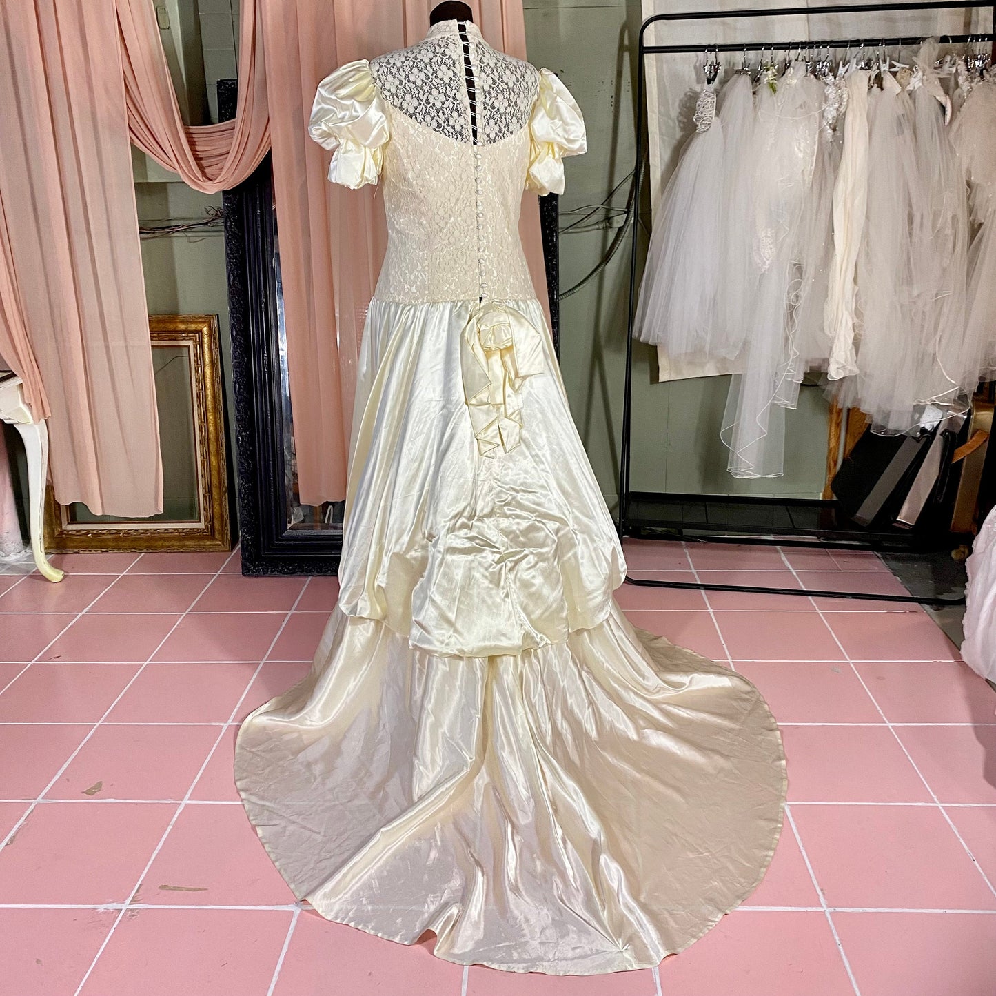 Cream Wedding Gown With Puff Sleeves, Short Train & Lace Top