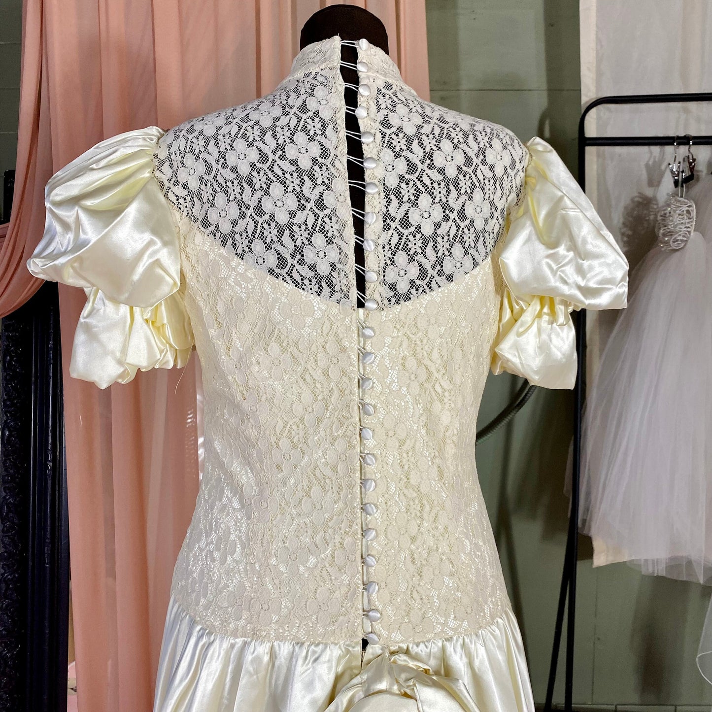 Cream Wedding Gown With Puff Sleeves, Short Train & Lace Top