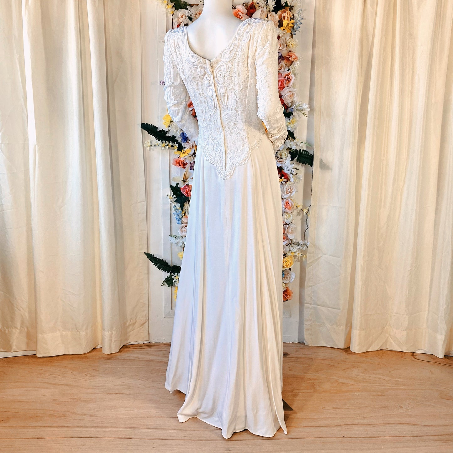 Ivory Chiffon Long Sleeve Dress with Lace Overlay