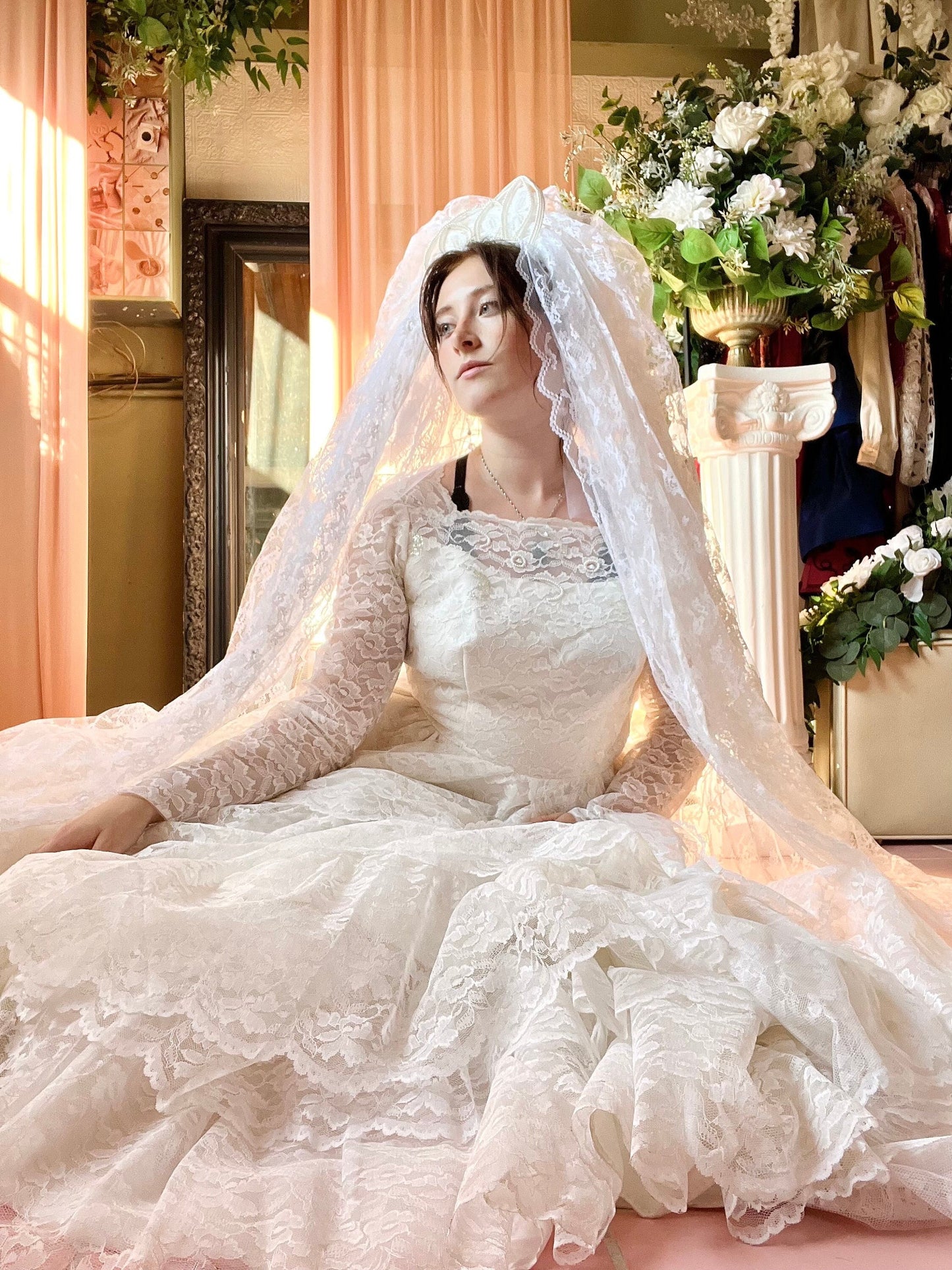 All Lace Long Sleeved Ballgown With Tiered Skirt