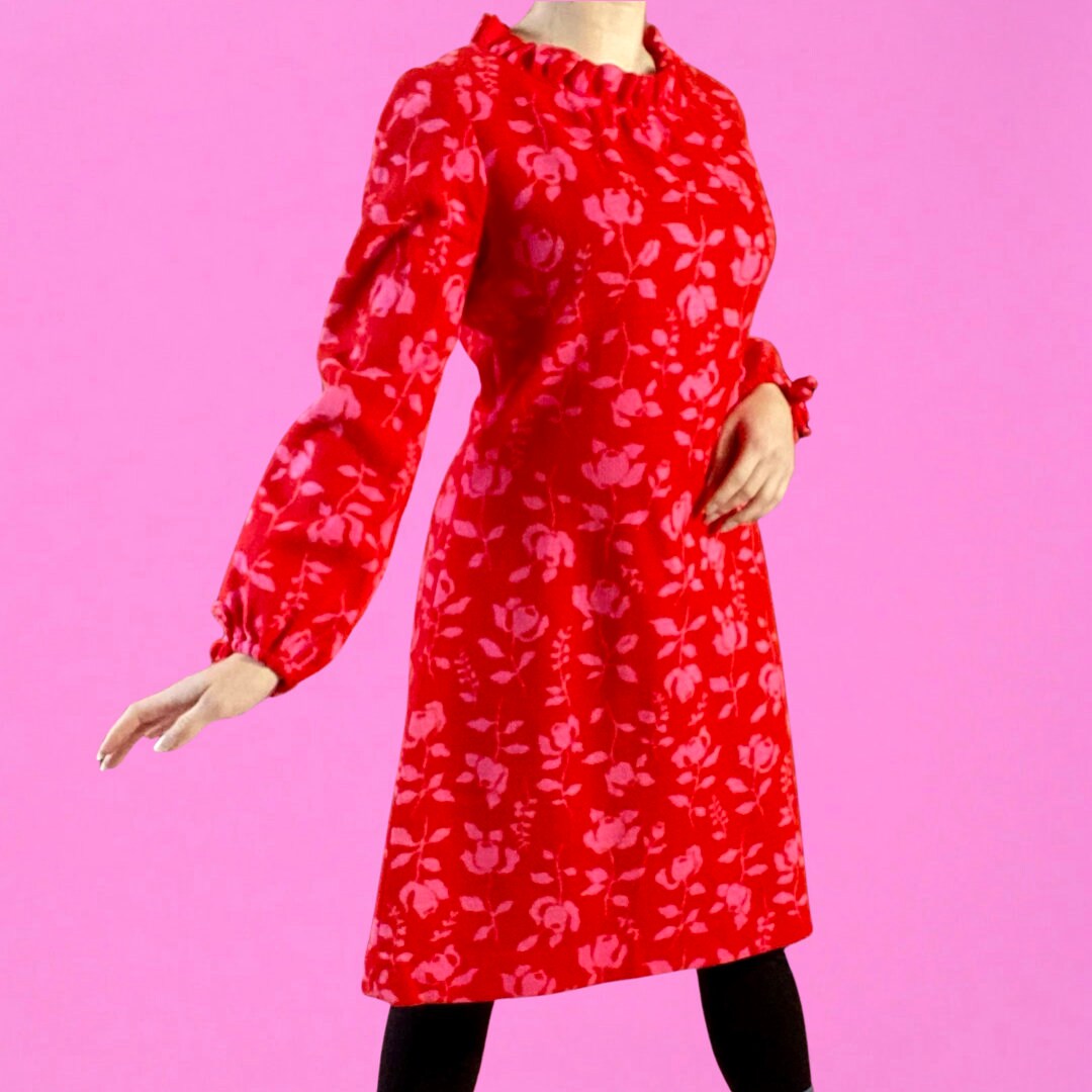 Gay Gibson Wool Red Dress with Pink roses