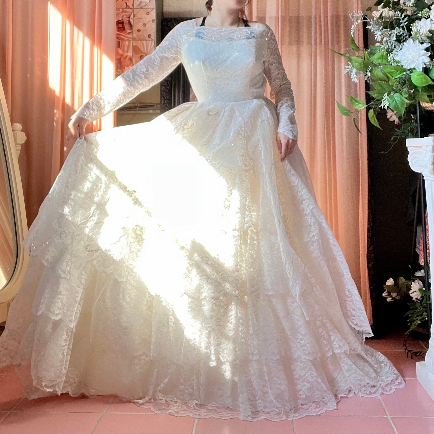 All Lace Long Sleeved Ballgown With Tiered Skirt