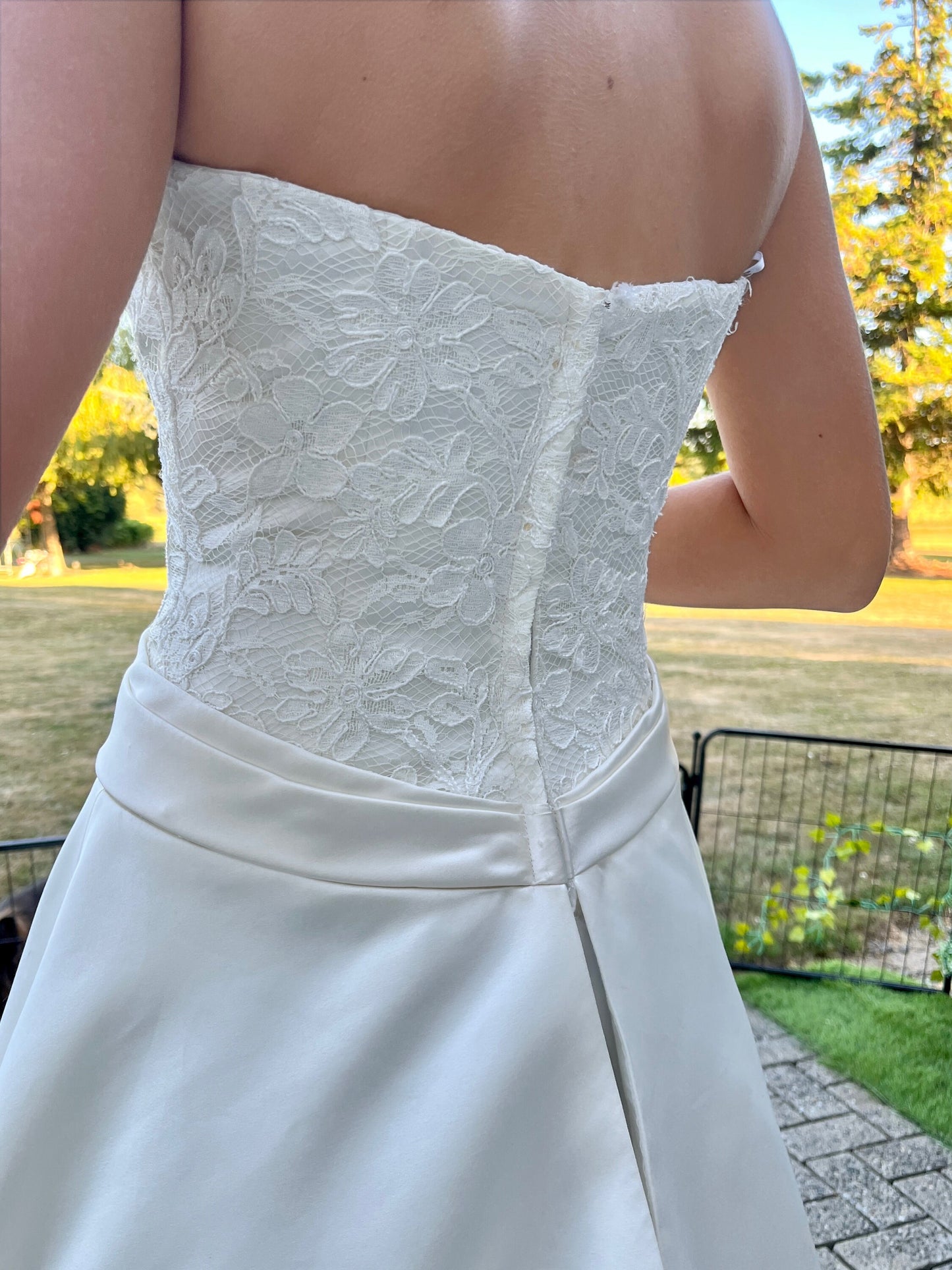 Alfred Sung Strapless Ivory Satin Ballgown with Lace Top