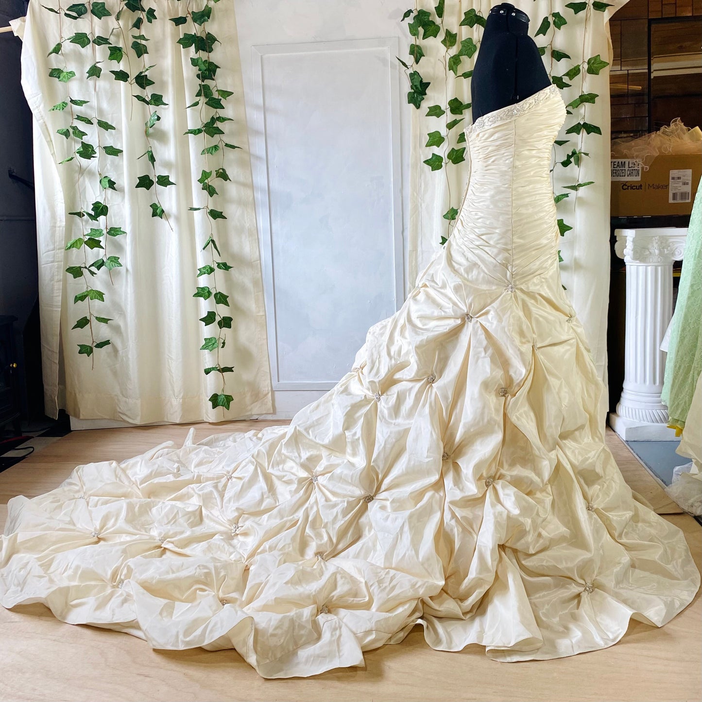 Taffeta Cream Strapless Wedding Gown With Pick-up Skirt