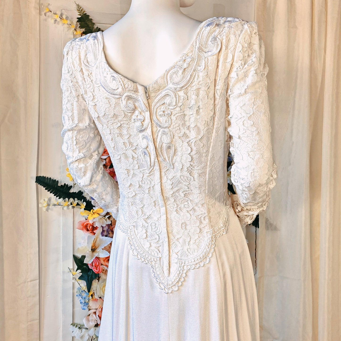 Ivory Chiffon Long Sleeve Dress with Lace Overlay