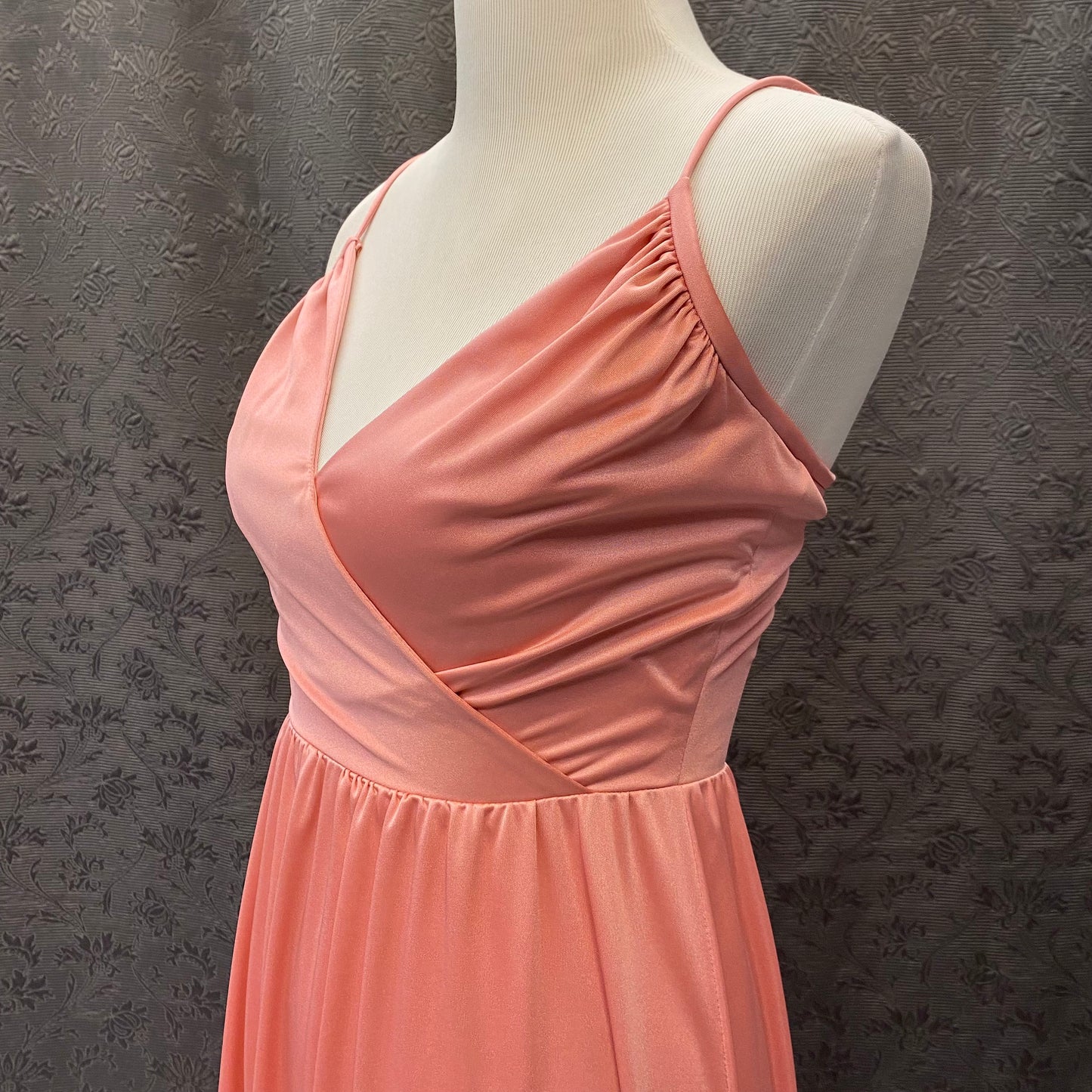 Cute 70's Vintage Peach Maxi Dress With Sheer High Collared Top