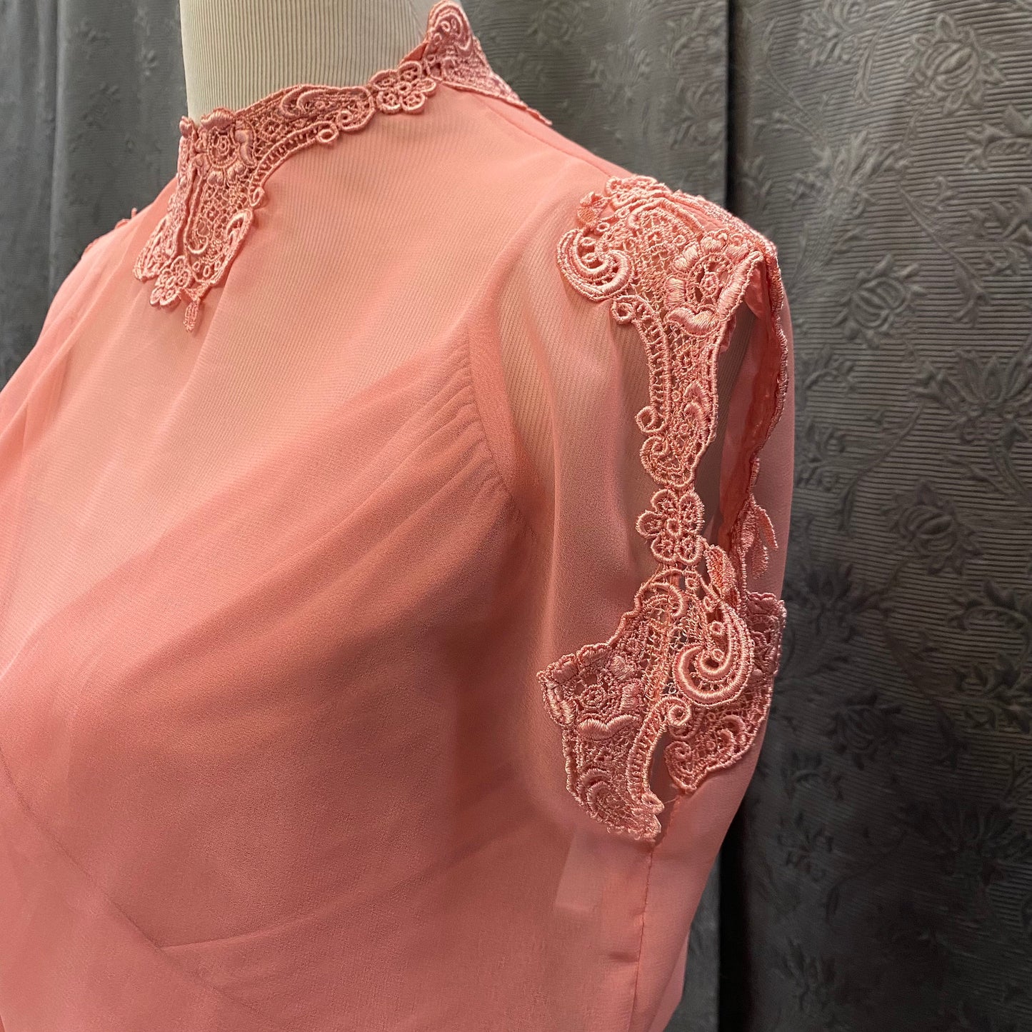 Cute 70's Vintage Peach Maxi Dress With Sheer High Collared Top