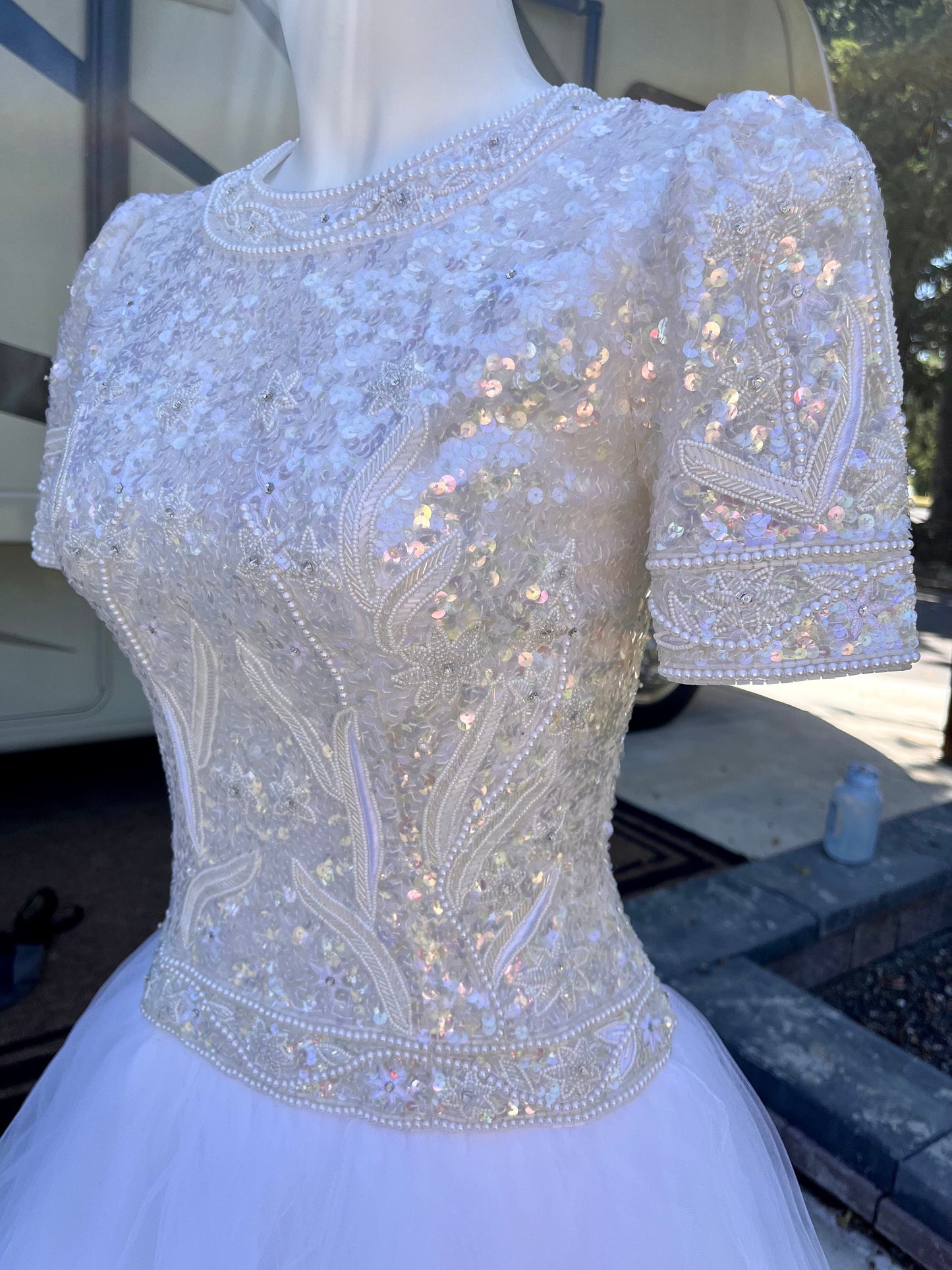 Stunning Vintage White Wedding Gown With Sequin/Beaded Bodice & Tulle Skirt