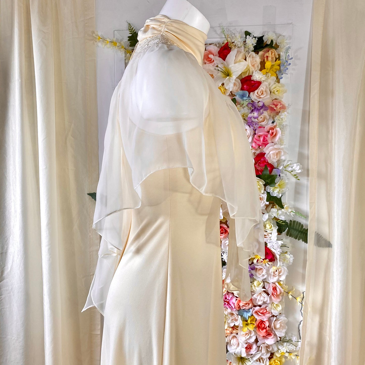 Sleeveless Butter Cream Dress with Sheer Yoke and High Modest Collar