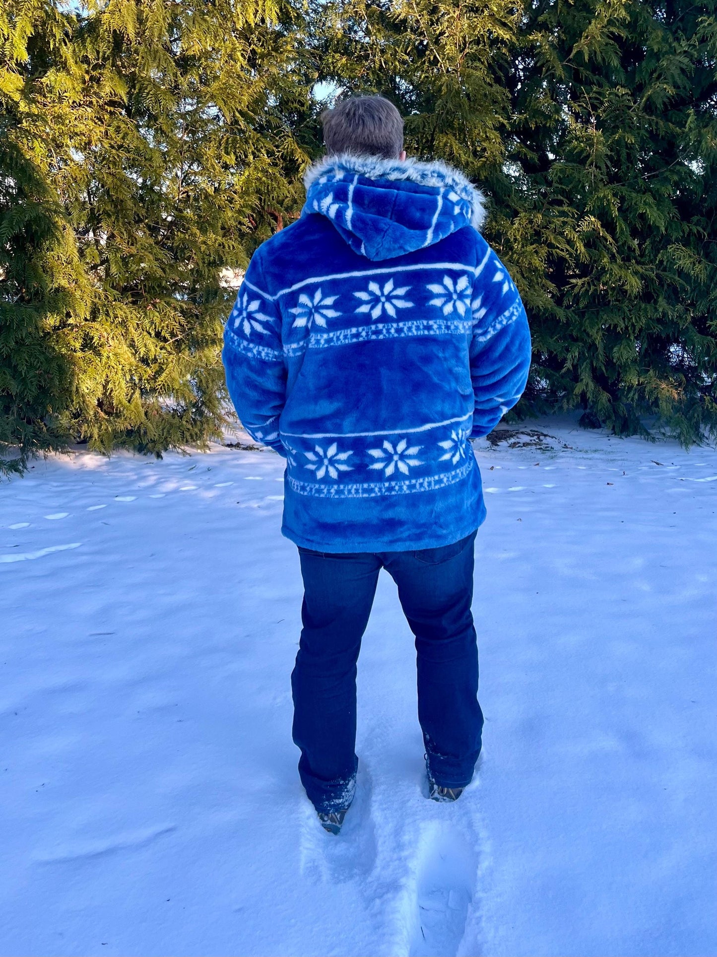 Oversized Blue Faux Fur Hooded Jacket – Cozy Winter Snowflake Print Coat