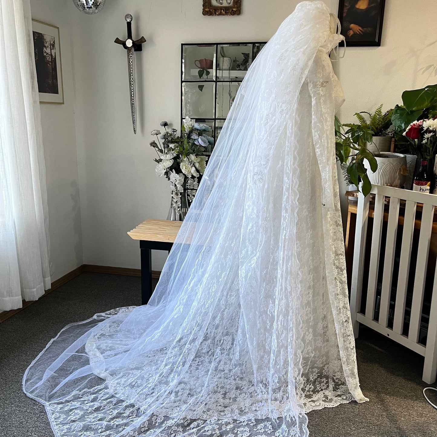 1950's All-Lace Empire Waisted Dress With Matching Crown & Veil