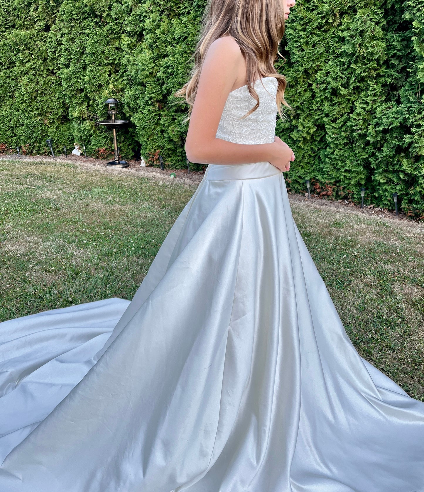 Alfred Sung Strapless Ivory Satin Ballgown with Lace Top