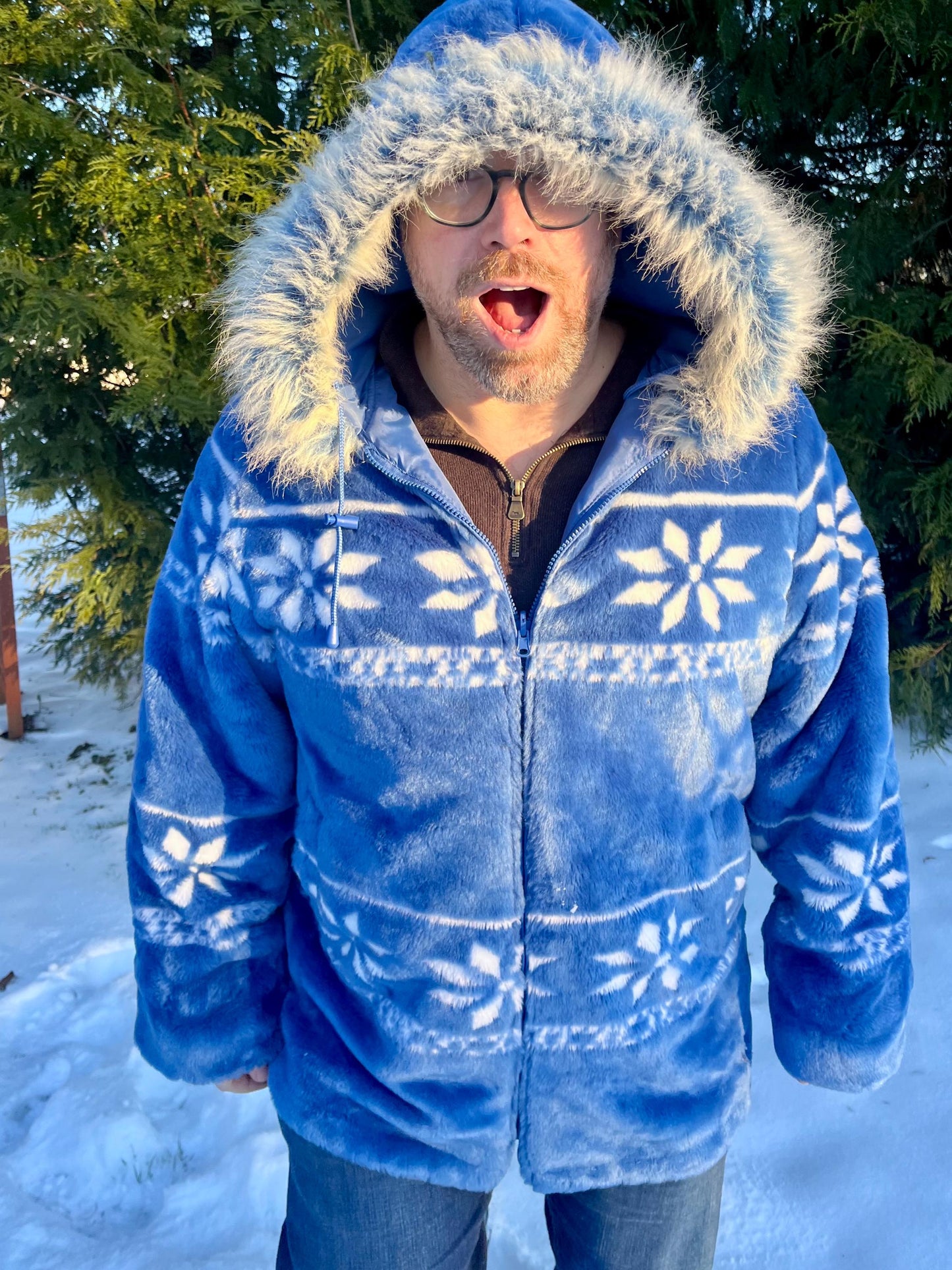 Oversized Blue Faux Fur Hooded Jacket – Cozy Winter Snowflake Print Coat