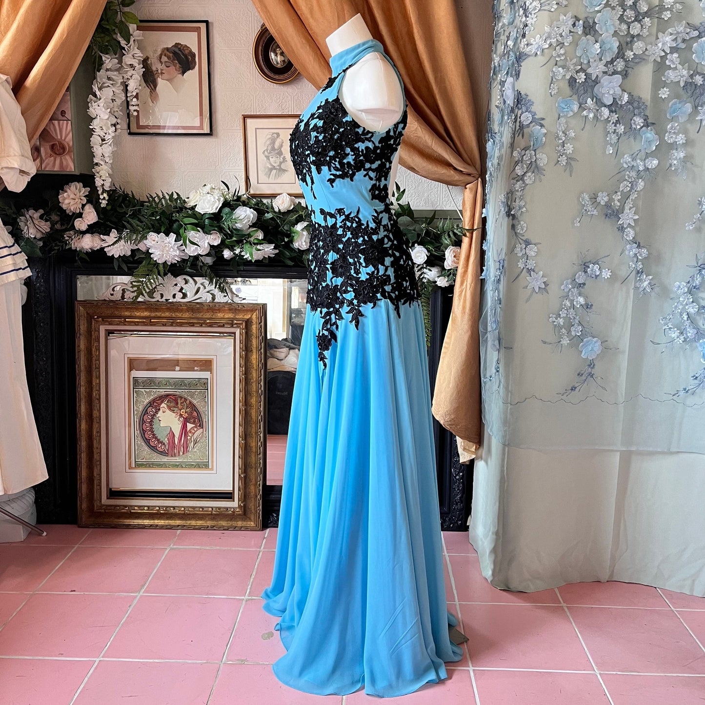 Blue Halter Top Dress W/ Black Applique & Open Back