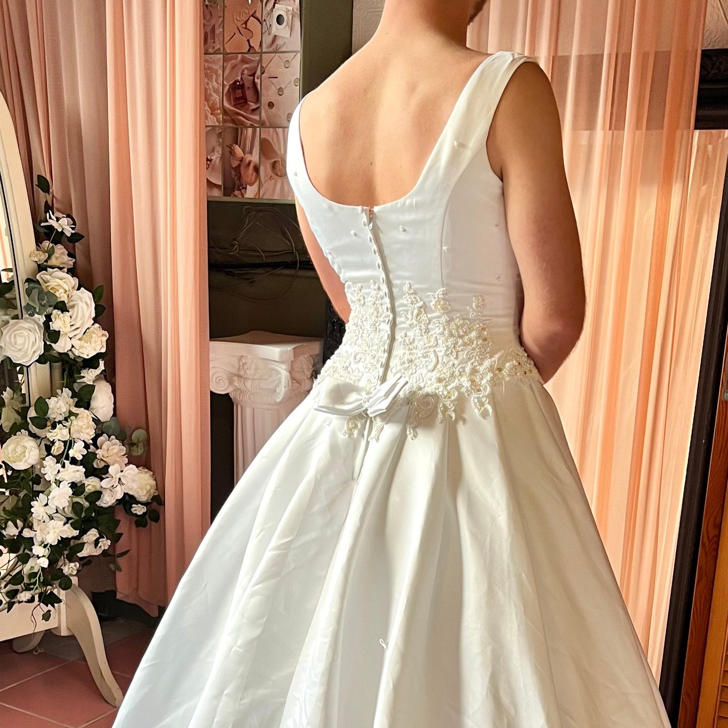 Sleeveless White Satin Ballgown with Floral Lace and Pearl Detail
