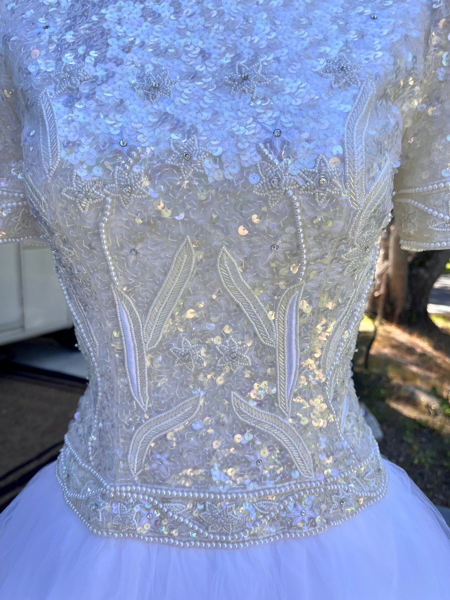 Stunning Vintage White Wedding Gown With Sequin/Beaded Bodice & Tulle Skirt