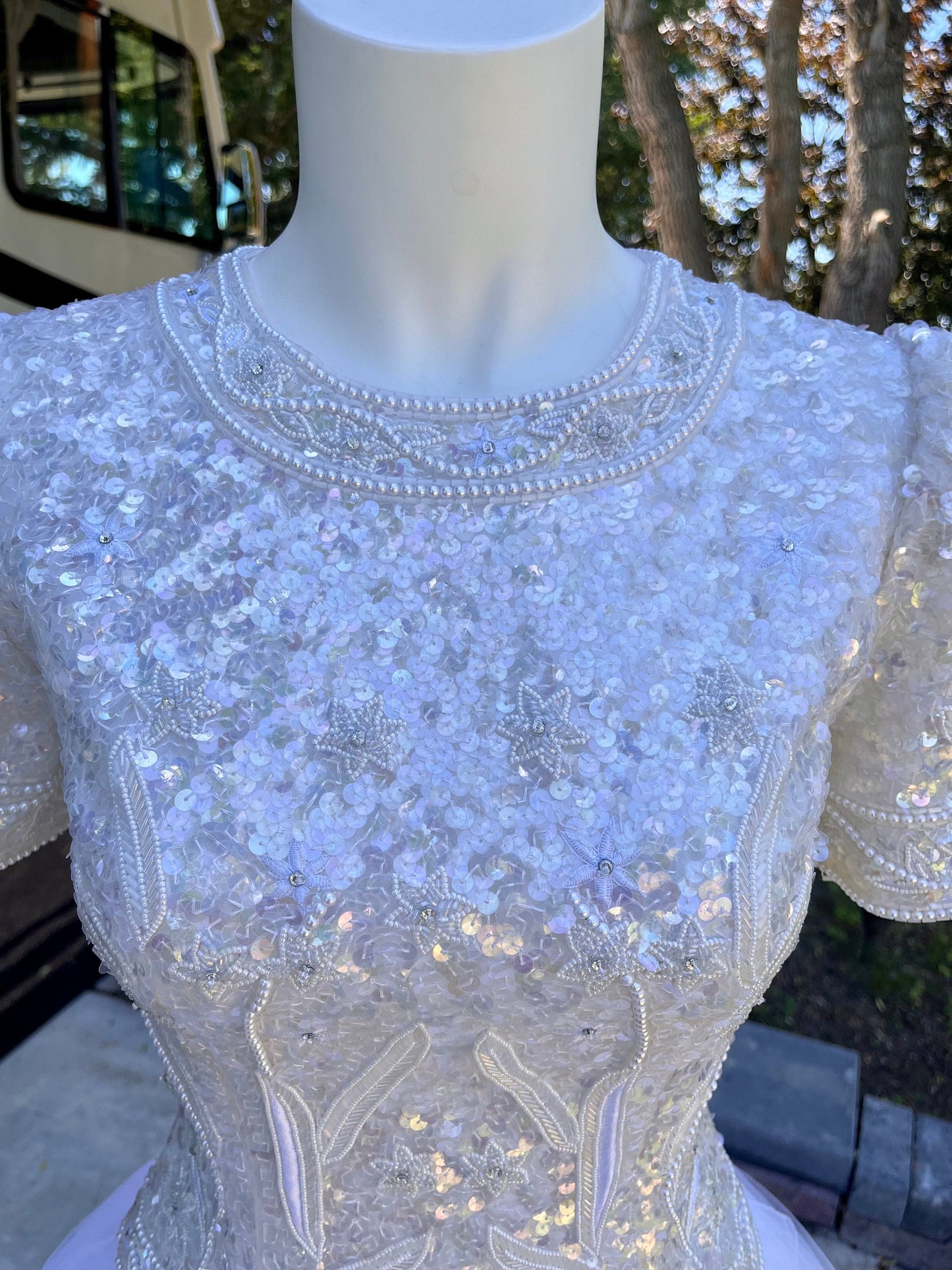 Stunning Vintage White Wedding Gown With Sequin/Beaded Bodice & Tulle Skirt