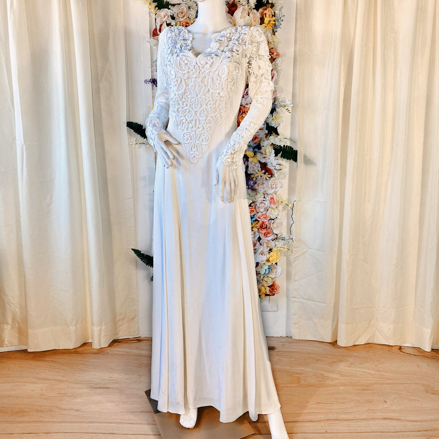 Ivory Chiffon Long Sleeve Dress with Lace Overlay