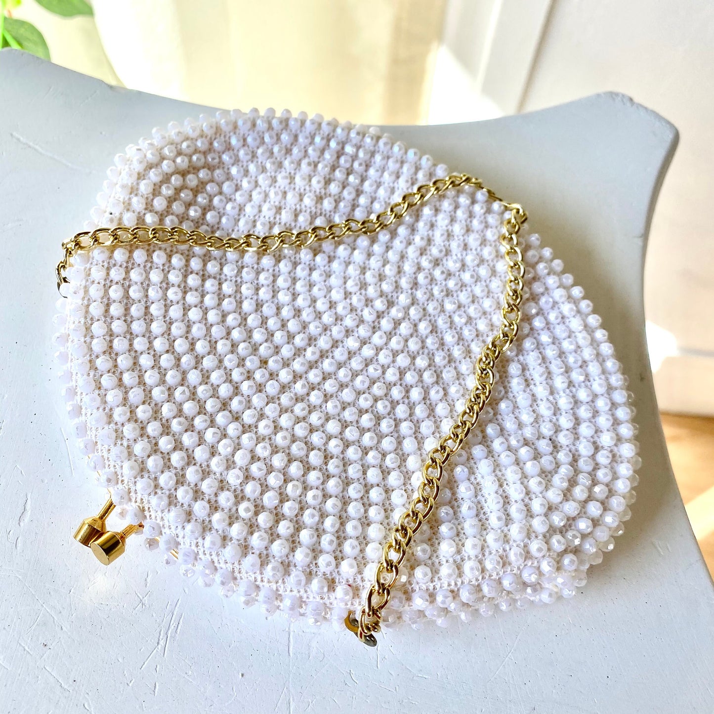Vintage Beaded White Clutch With Gold Chain Strap