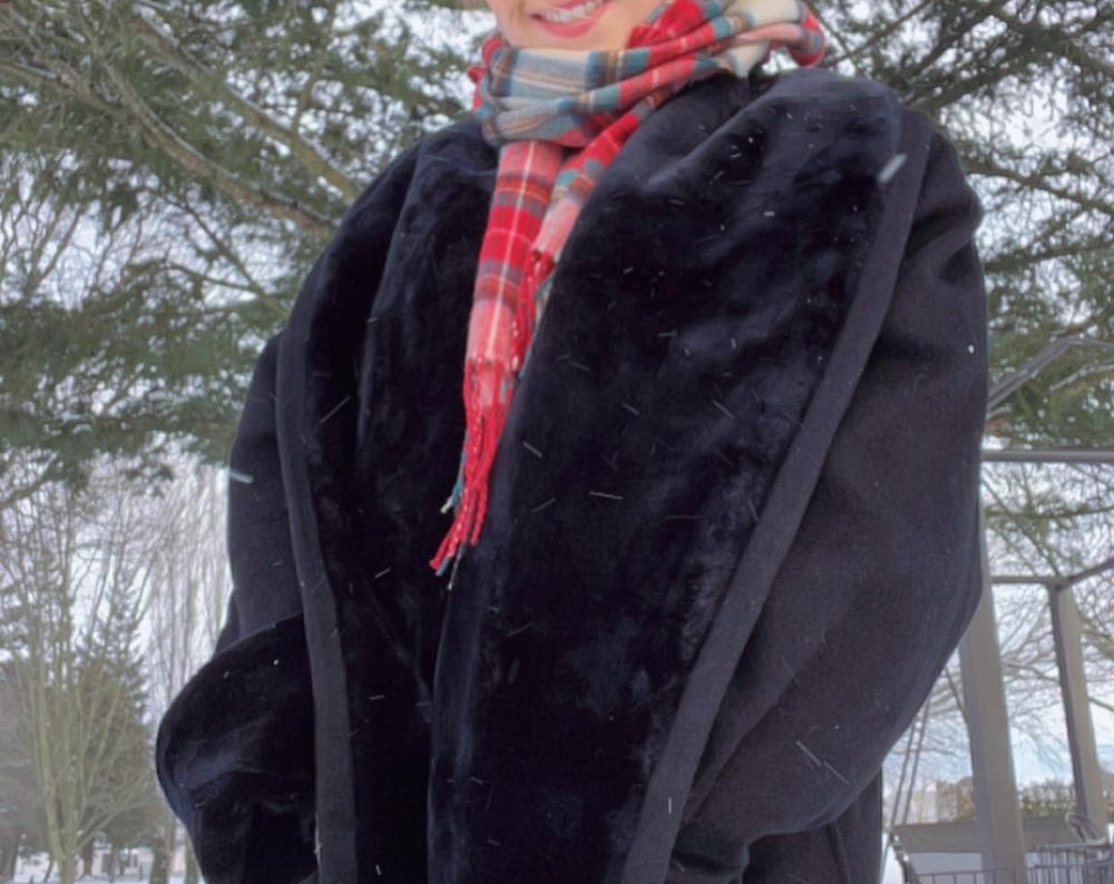 Vintage Black Wool Blend Coat with Faux Fur Details