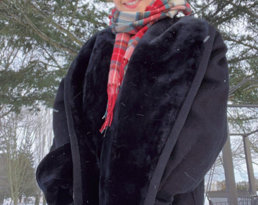 Vintage Black Wool Blend Coat with Faux Fur Details