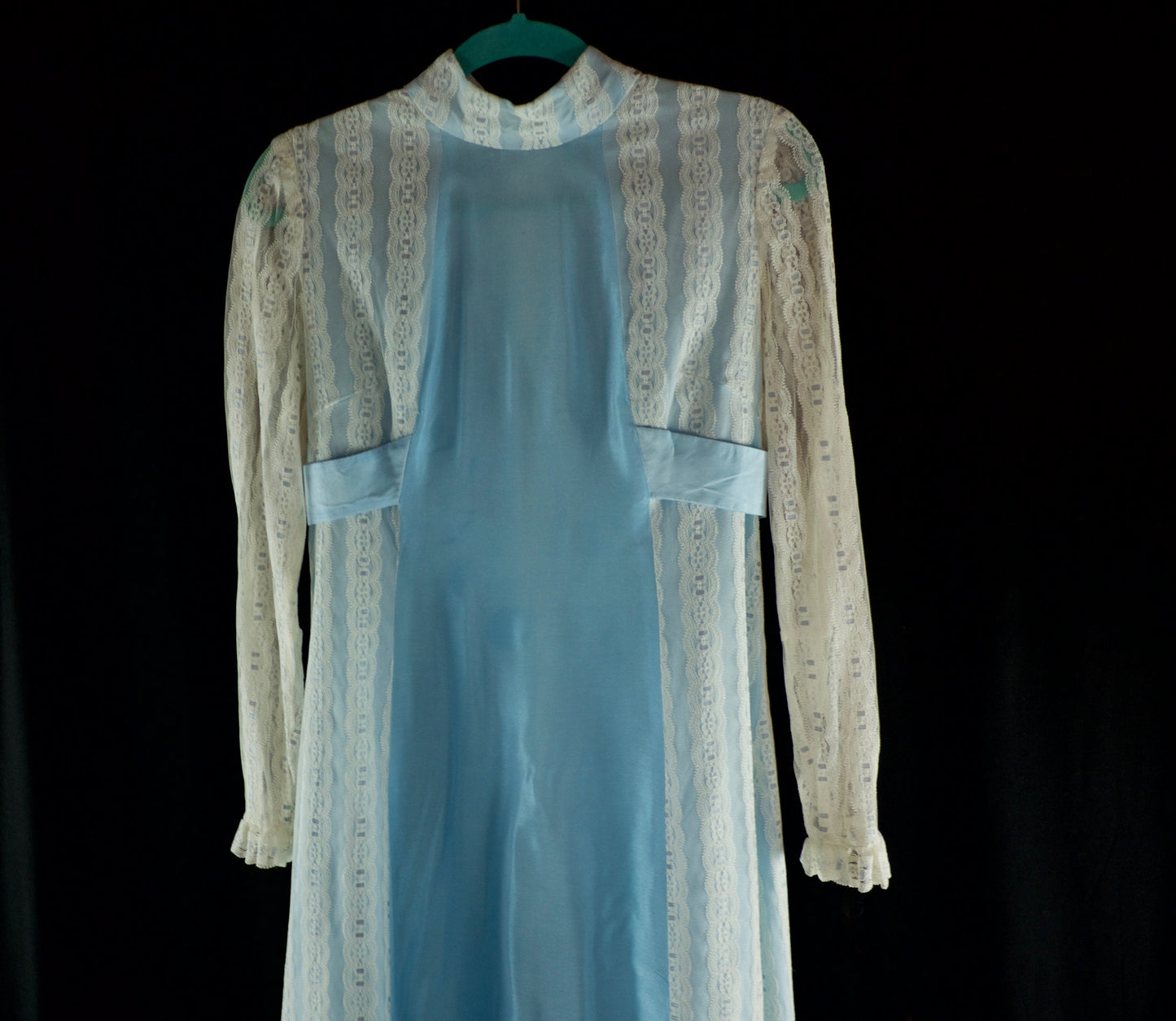 1970's vintage blue modest wedding dress with lace details