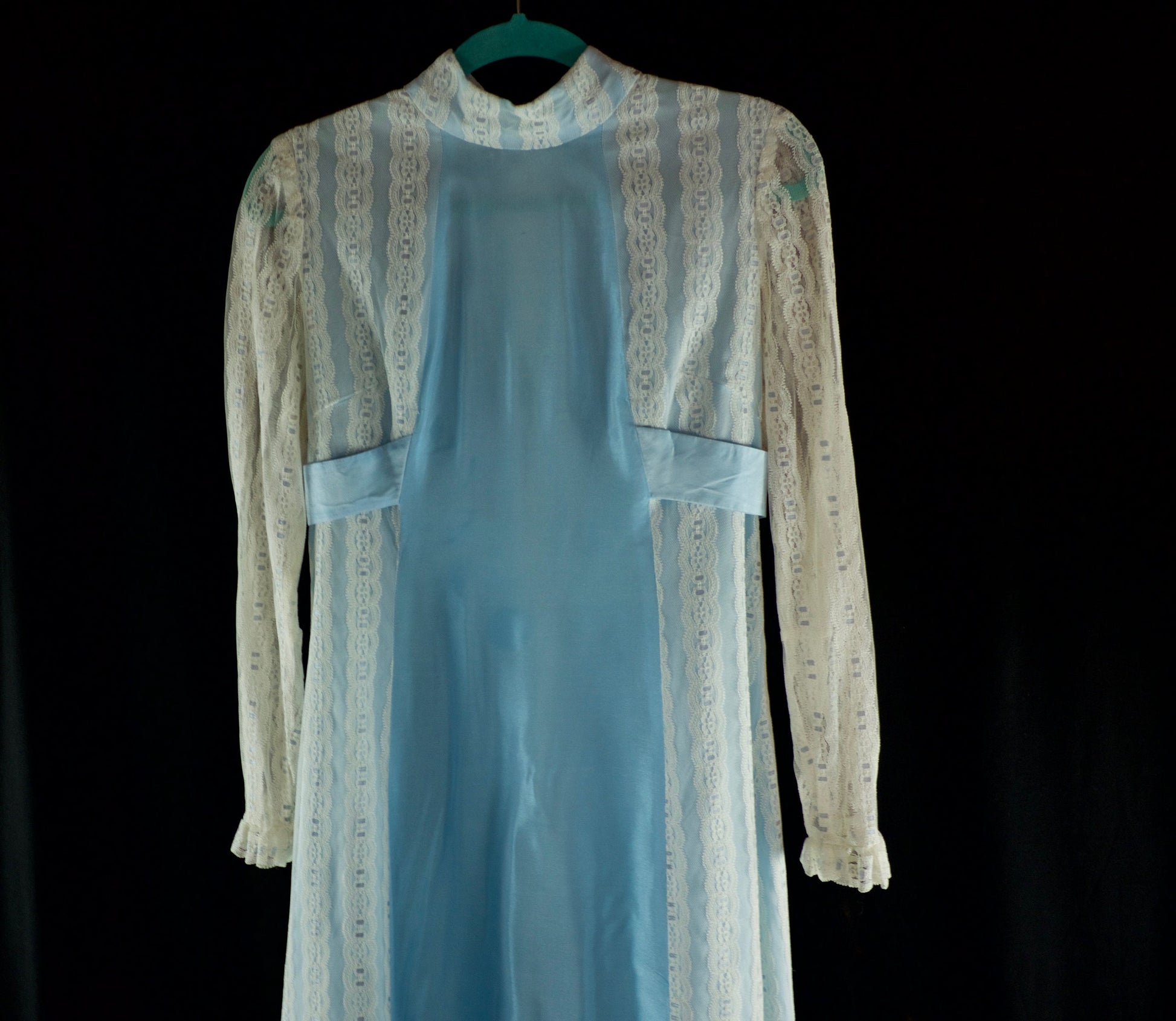 1970's vintage blue modest wedding dress with lace details