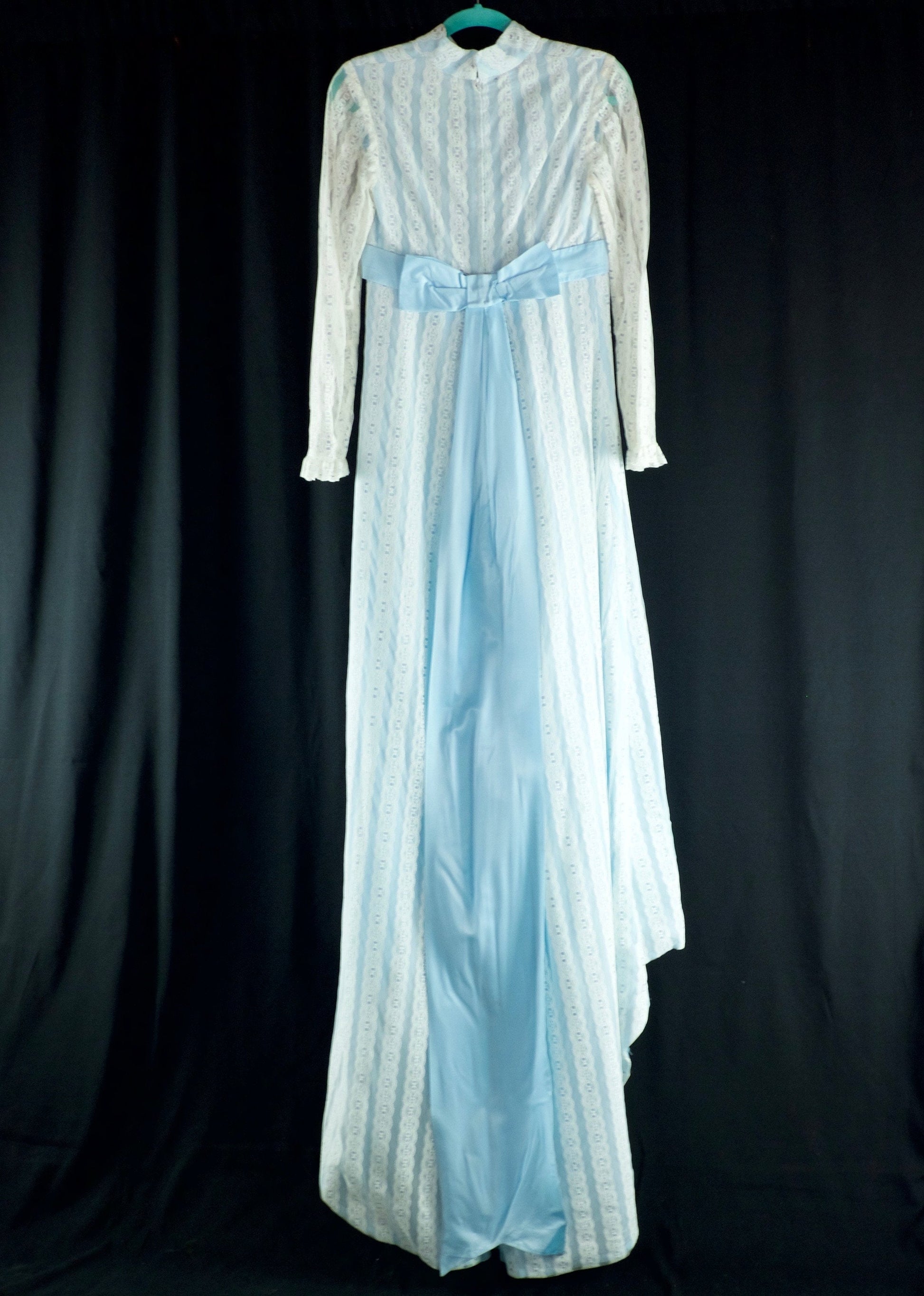 1970's vintage blue modest wedding dress with lace details