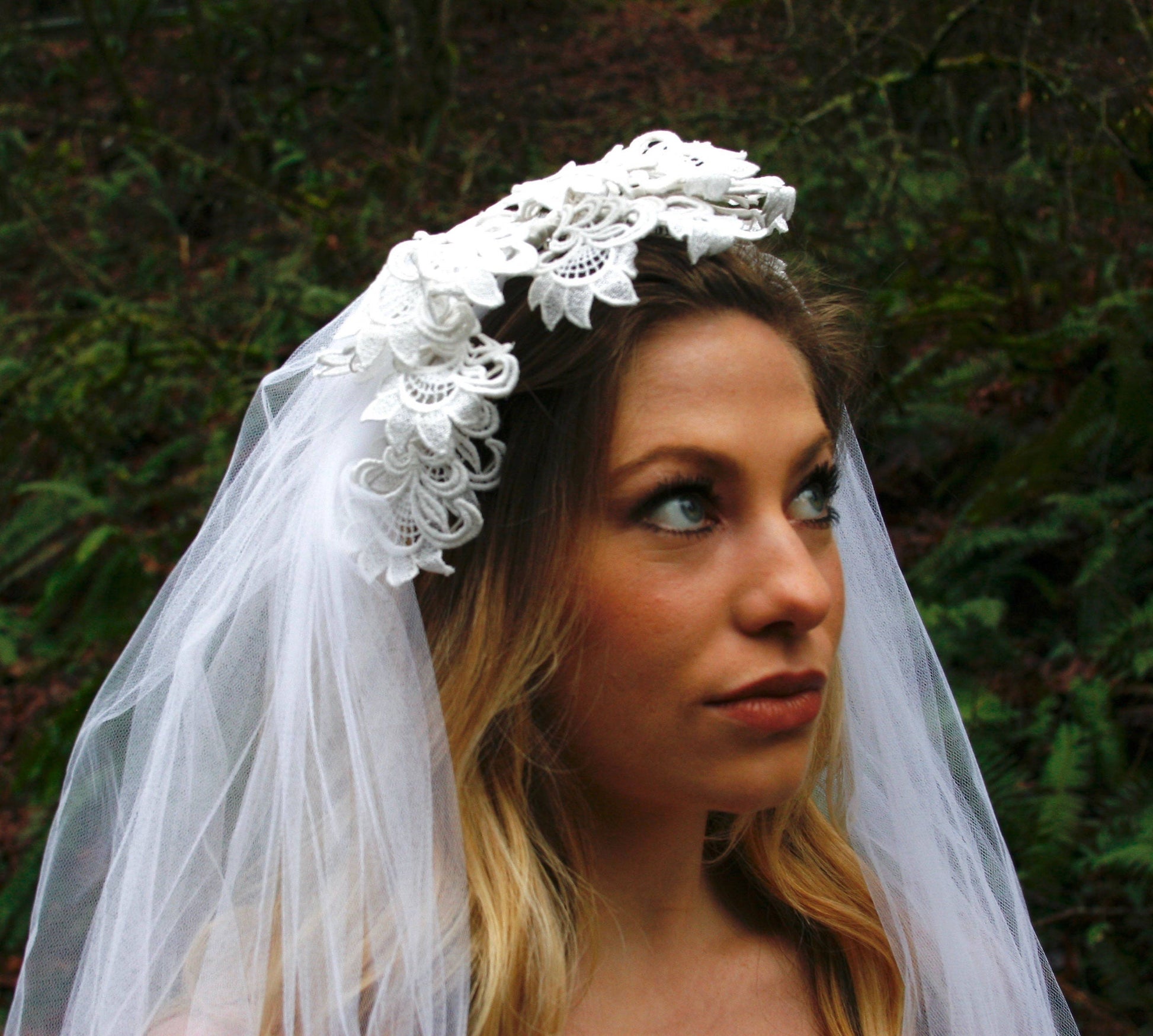Vintage fingertip length veil with floral lace crown