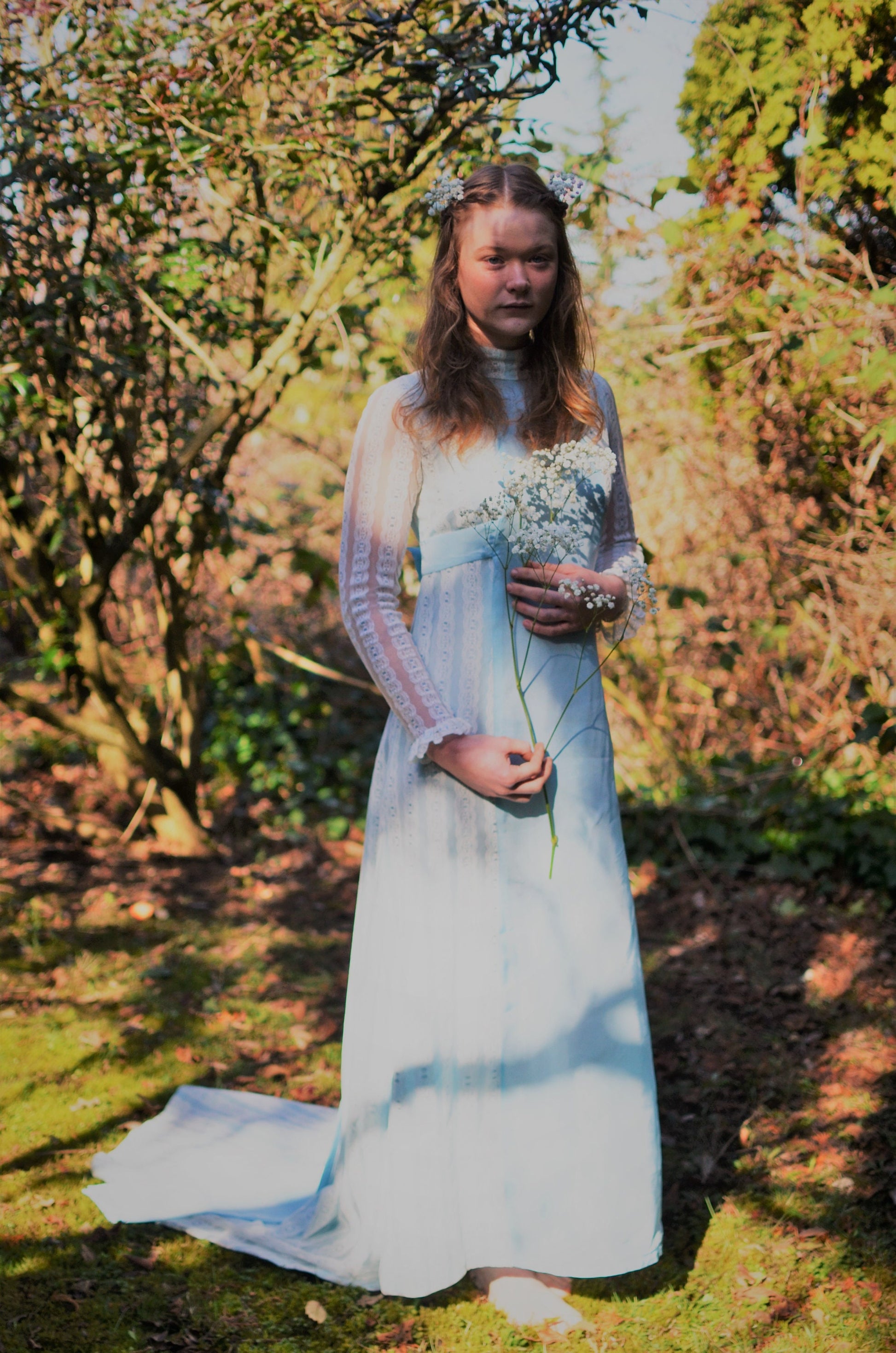1970's vintage blue modest wedding dress with lace details