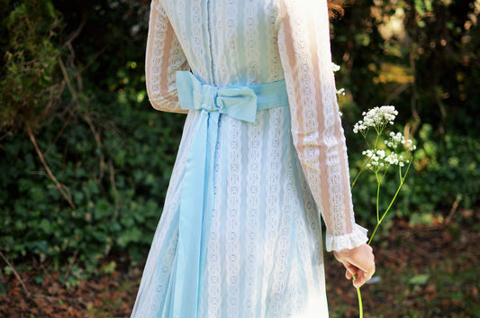 1970's vintage blue modest wedding dress with lace details