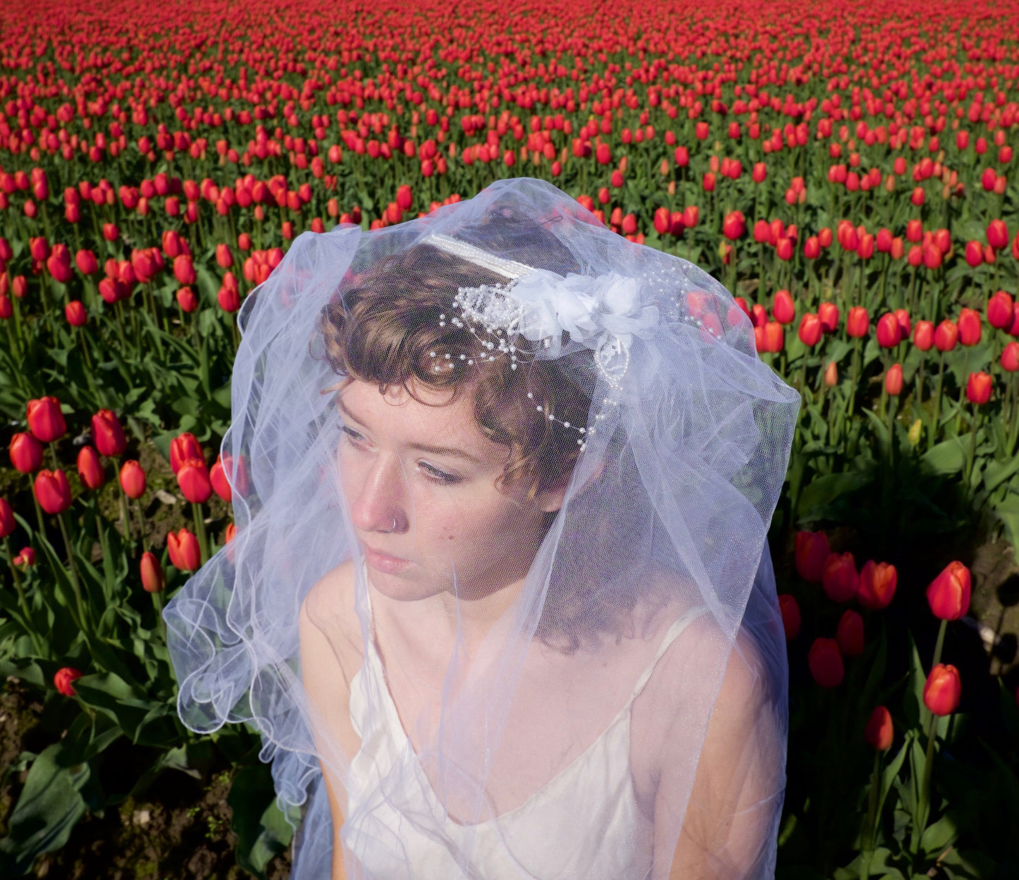 Vintage veil with floral embellishments and faux pearl accents
