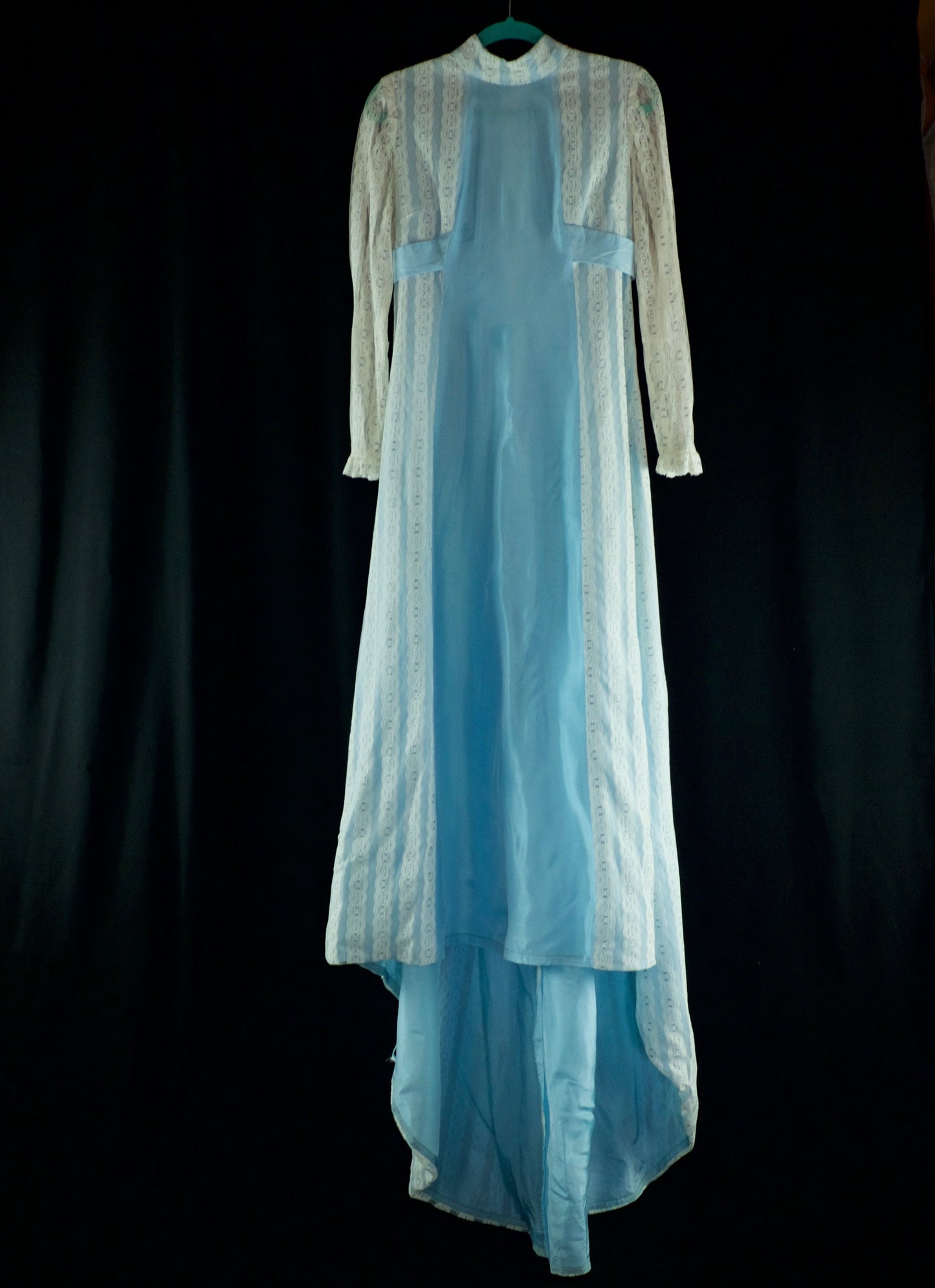 1970's vintage blue modest wedding dress with lace details