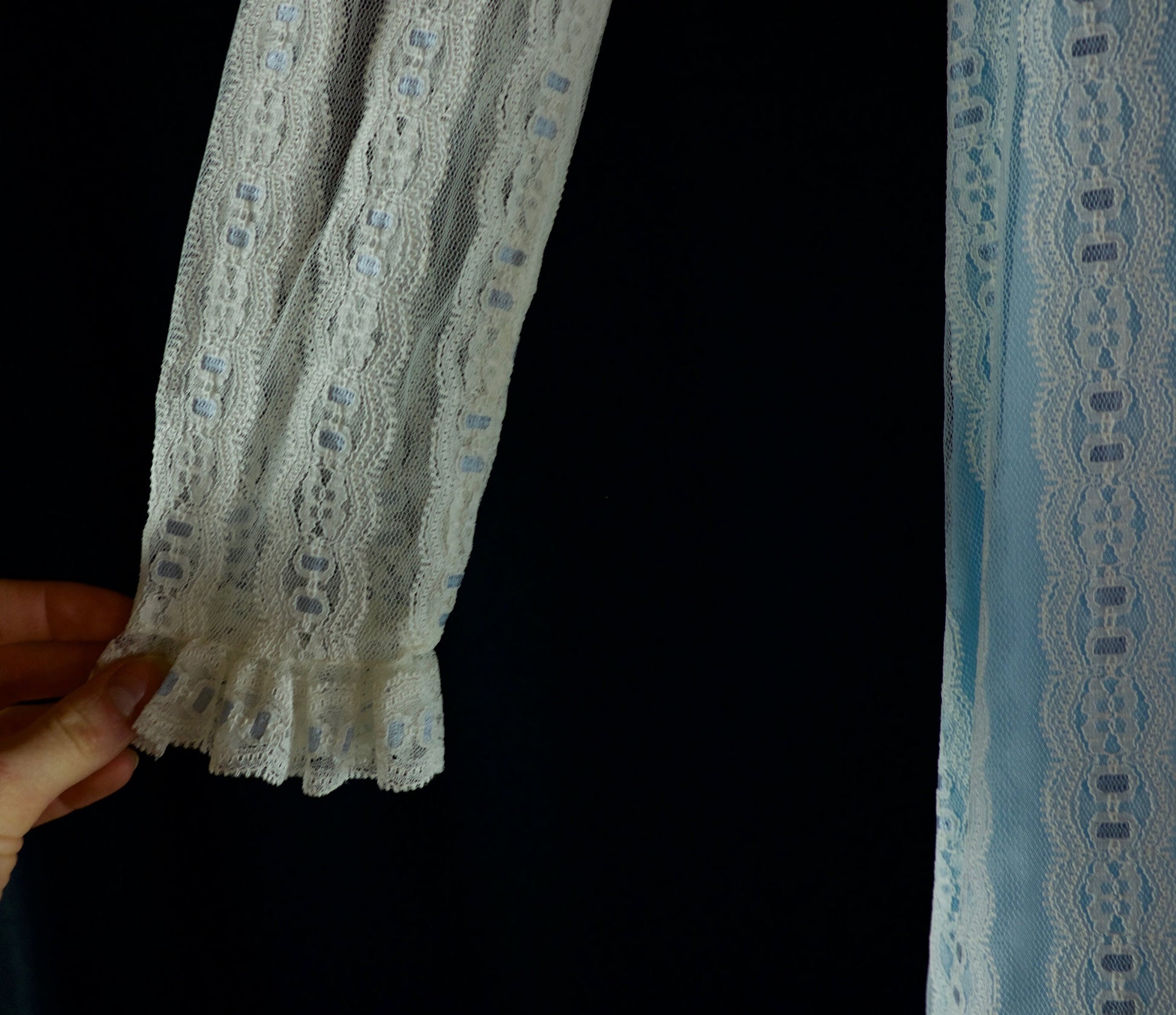 1970's vintage blue modest wedding dress with lace details