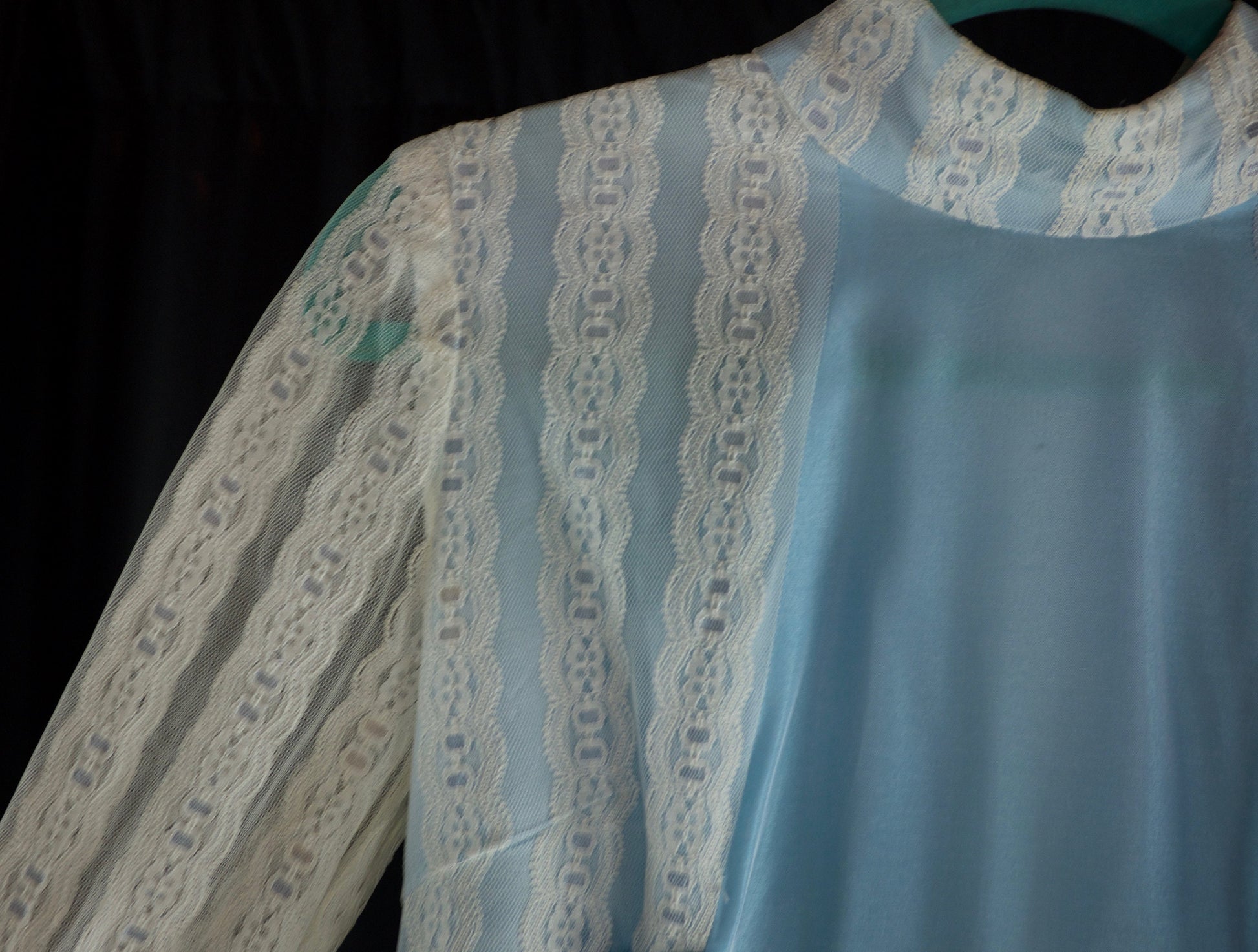 1970's vintage blue modest wedding dress with lace details