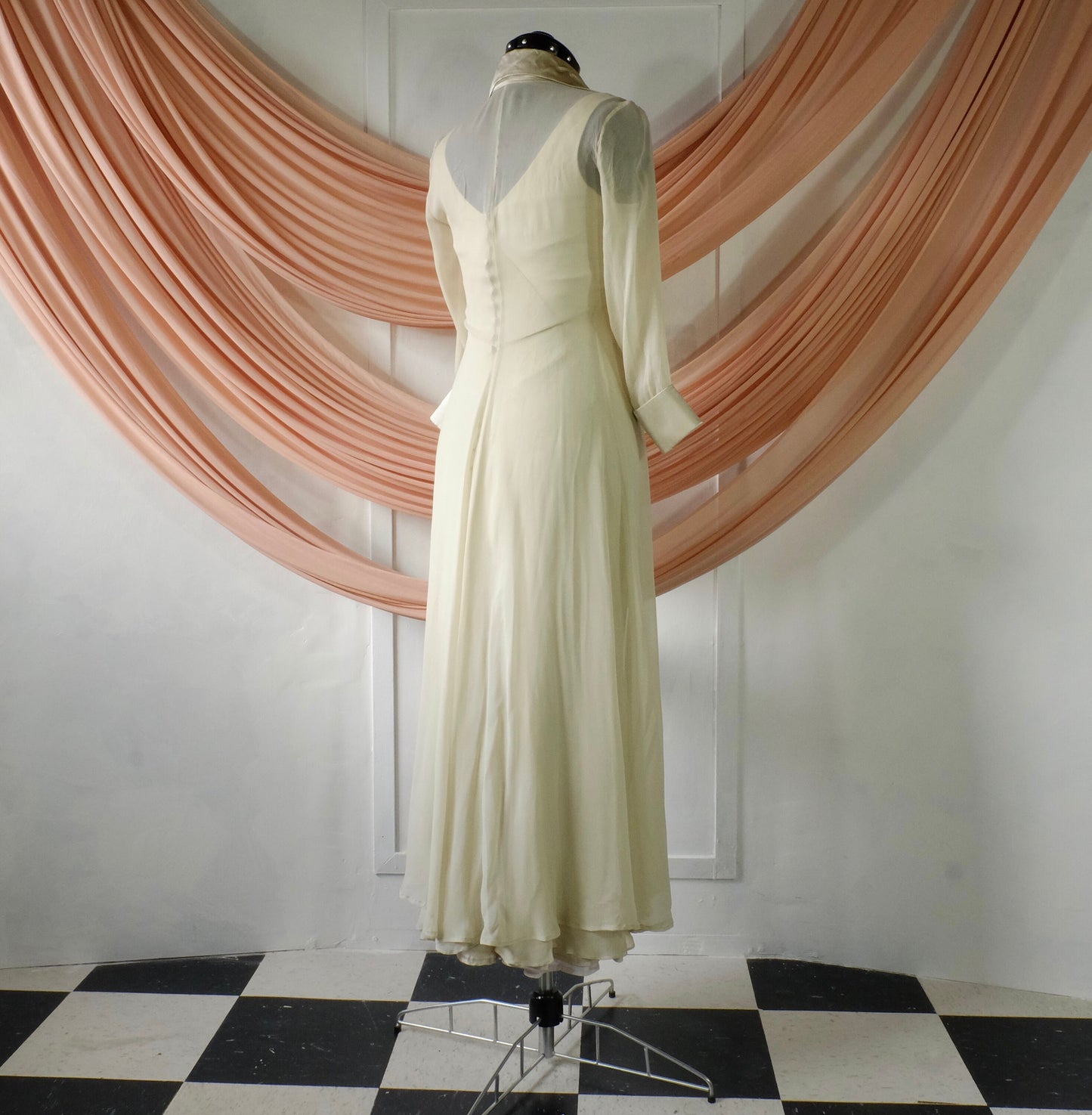 Ivory 100% silk dress with transparent collared overdress