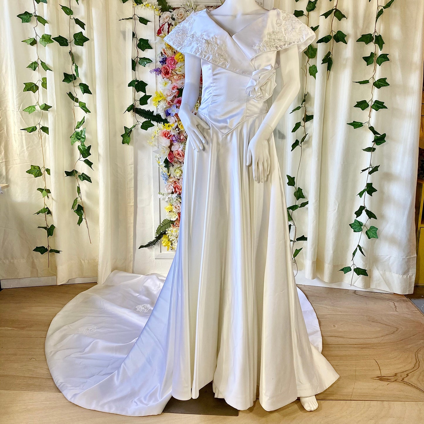 Vintage Ivory Gown with Cape Sleeves, Pearls and Lace