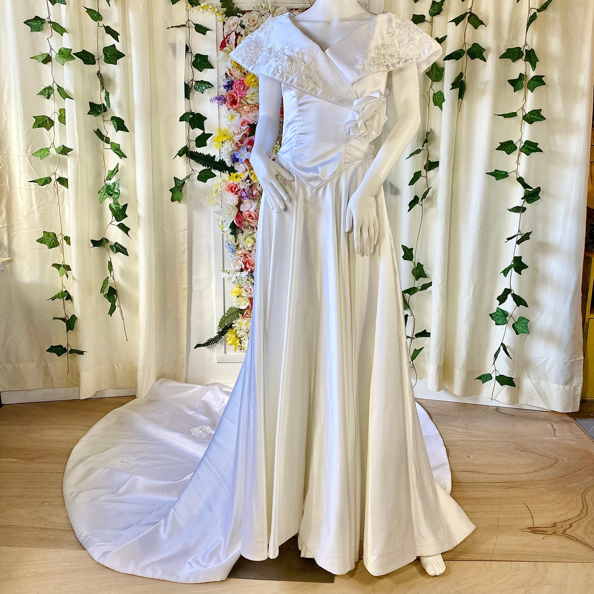 Vintage Ivory Gown with Cape Sleeves, Pearls and Lace