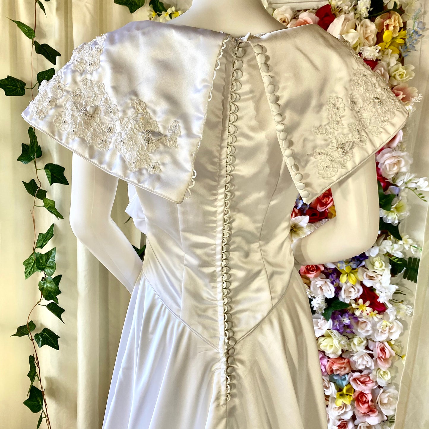 Vintage Ivory Gown with Cape Sleeves, Pearls and Lace