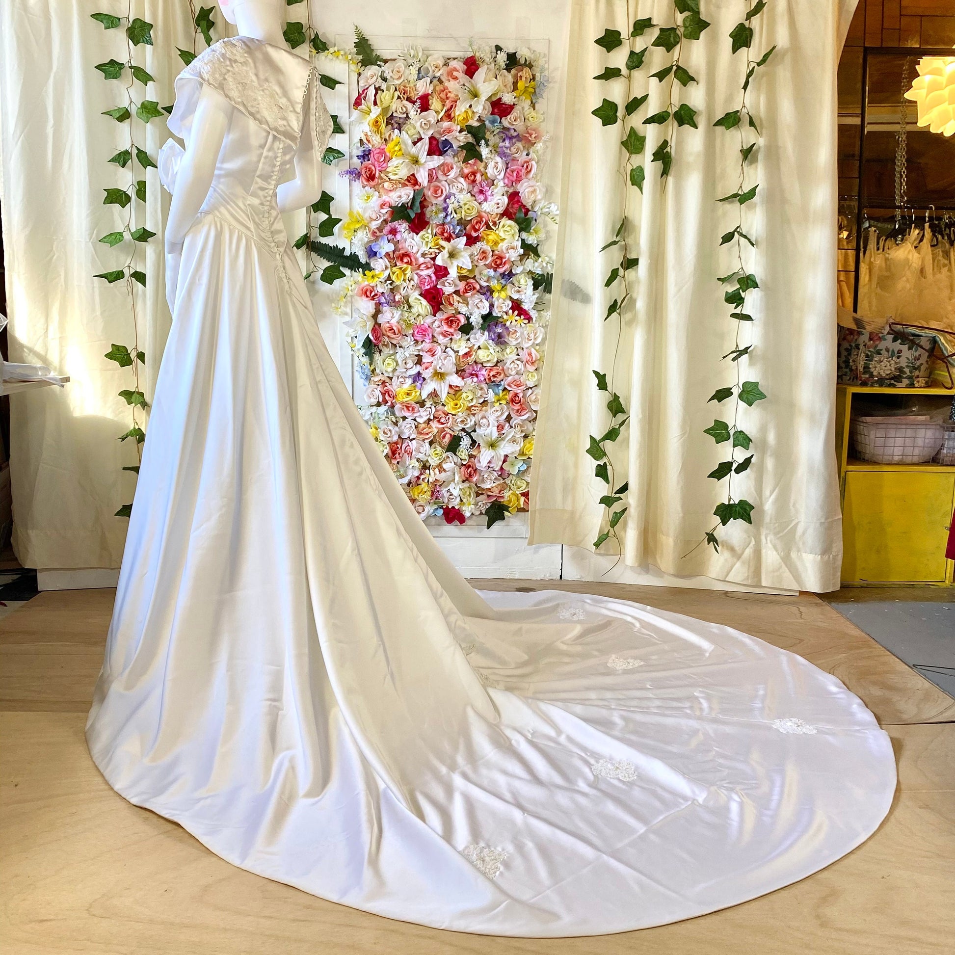 Vintage Ivory Gown with Cape Sleeves, Pearls and Lace