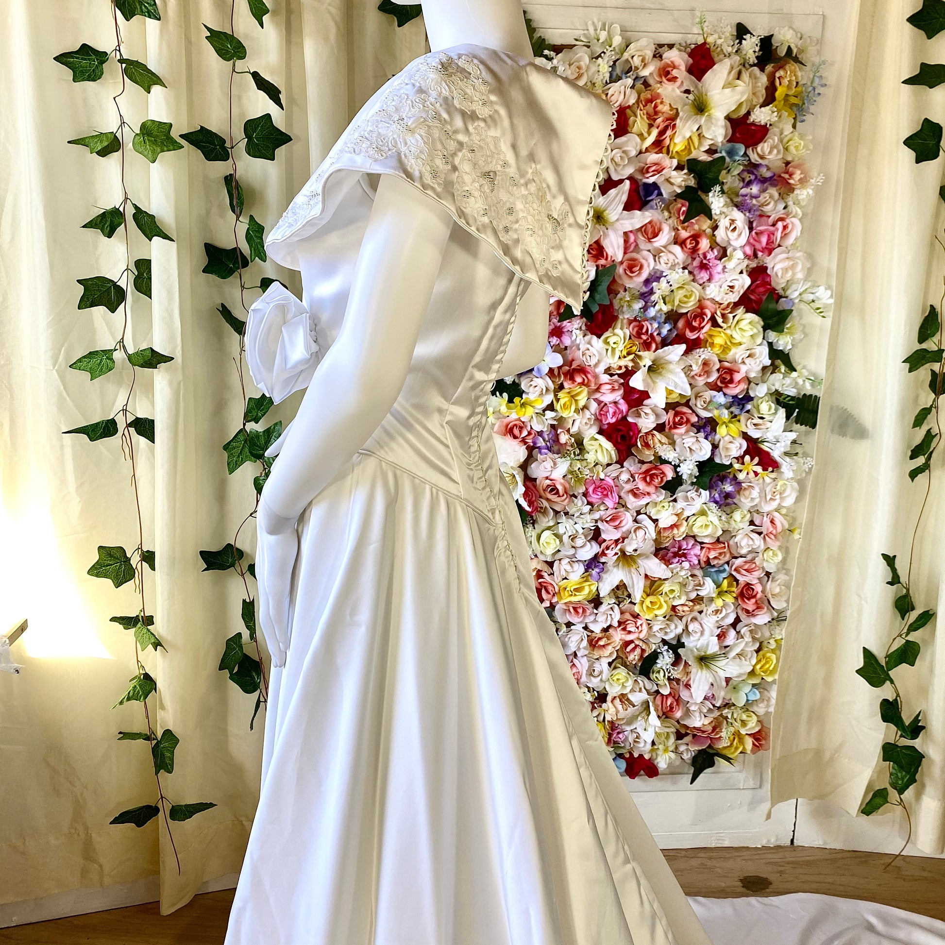 Vintage Ivory Gown with Cape Sleeves, Pearls and Lace