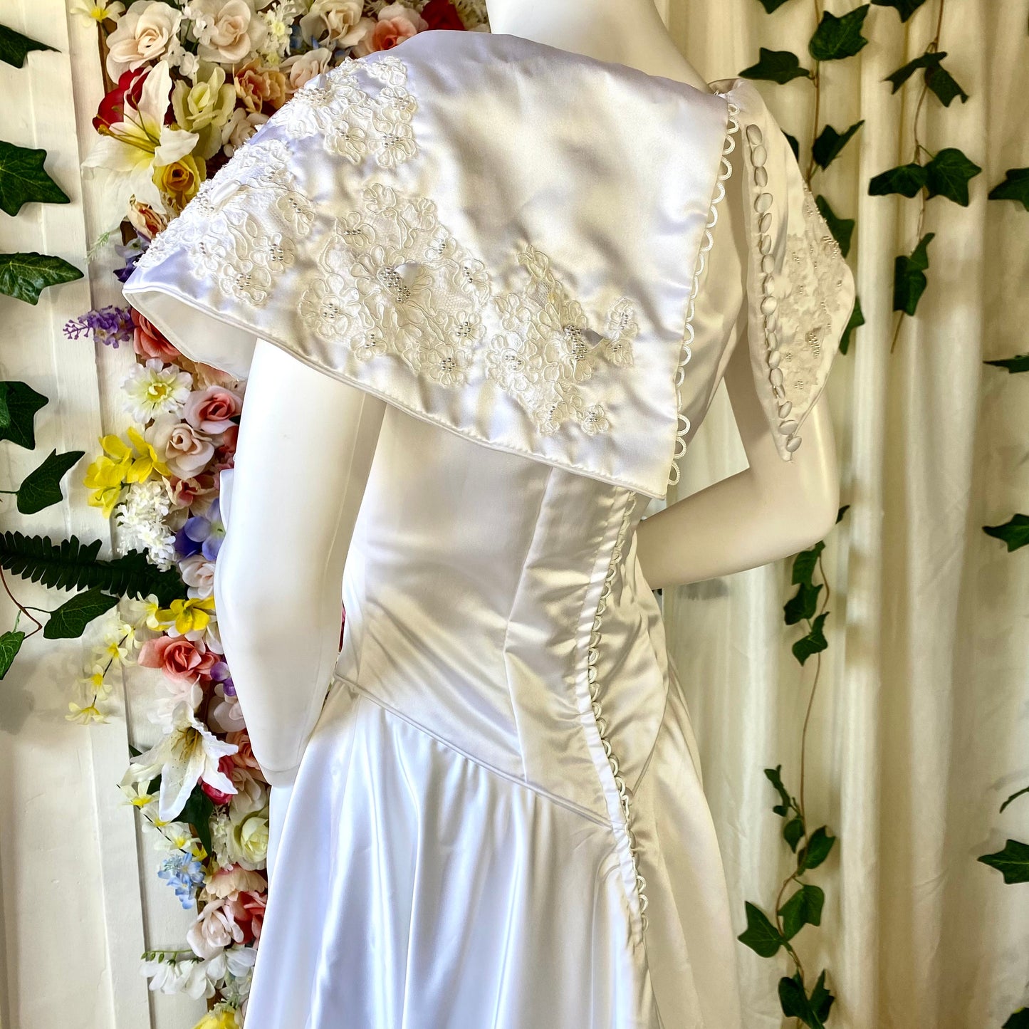 Vintage Ivory Gown with Cape Sleeves, Pearls and Lace