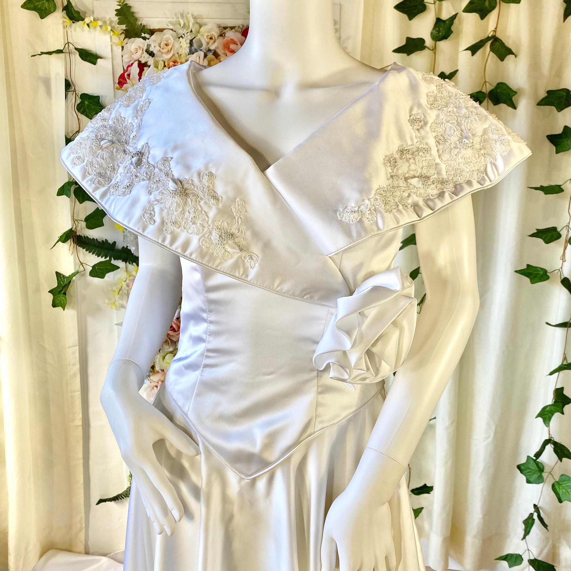 Vintage Ivory Gown with Cape Sleeves, Pearls and Lace